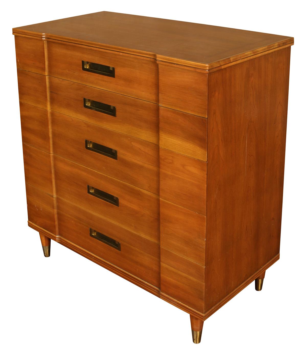 Tall five drawer Campaign chest by John Clingman for Widdicomb, with brass pulls.