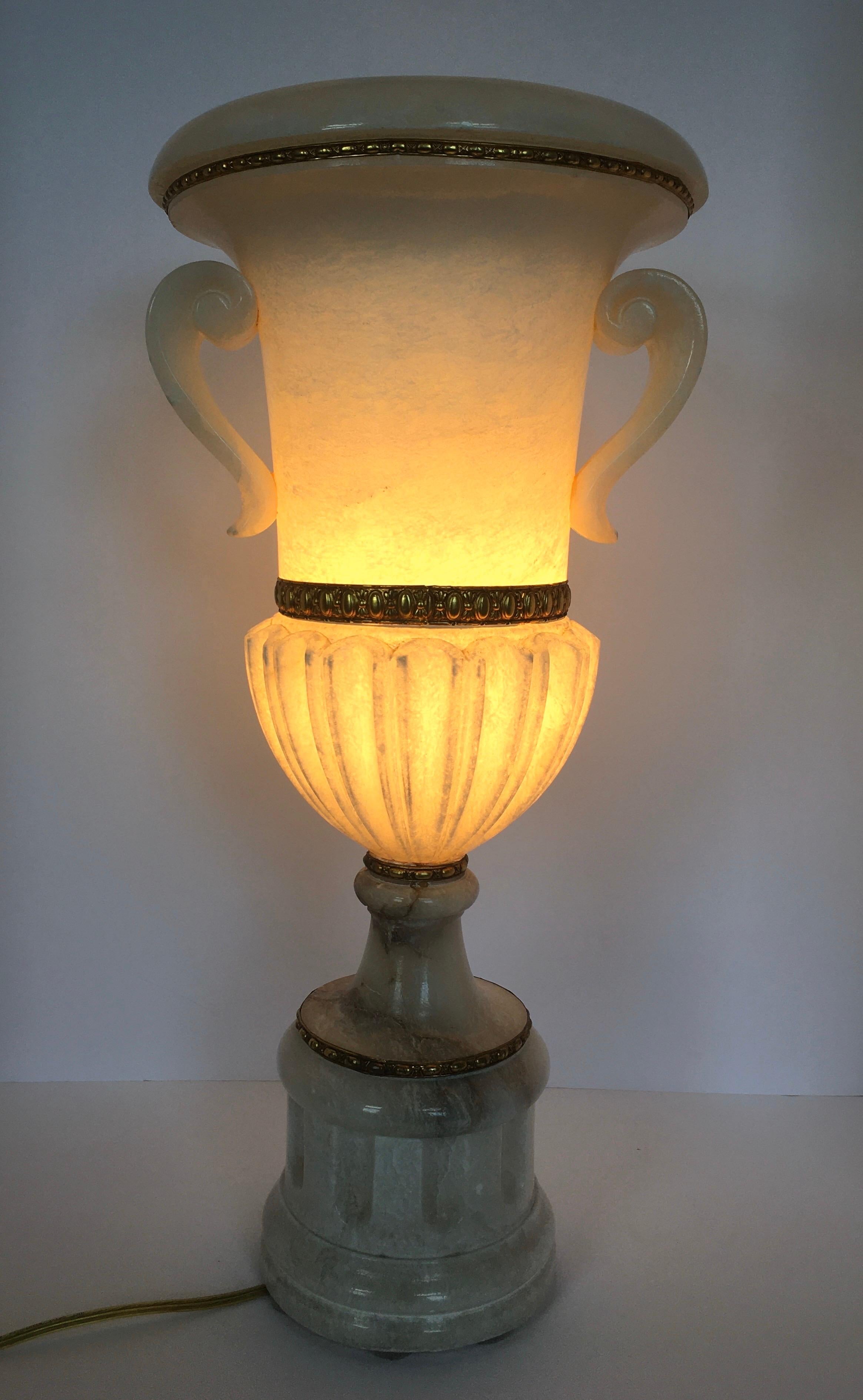 Tall Carved Alabaster Marble and Bronze Urn Table Lamp, Italy For Sale 5