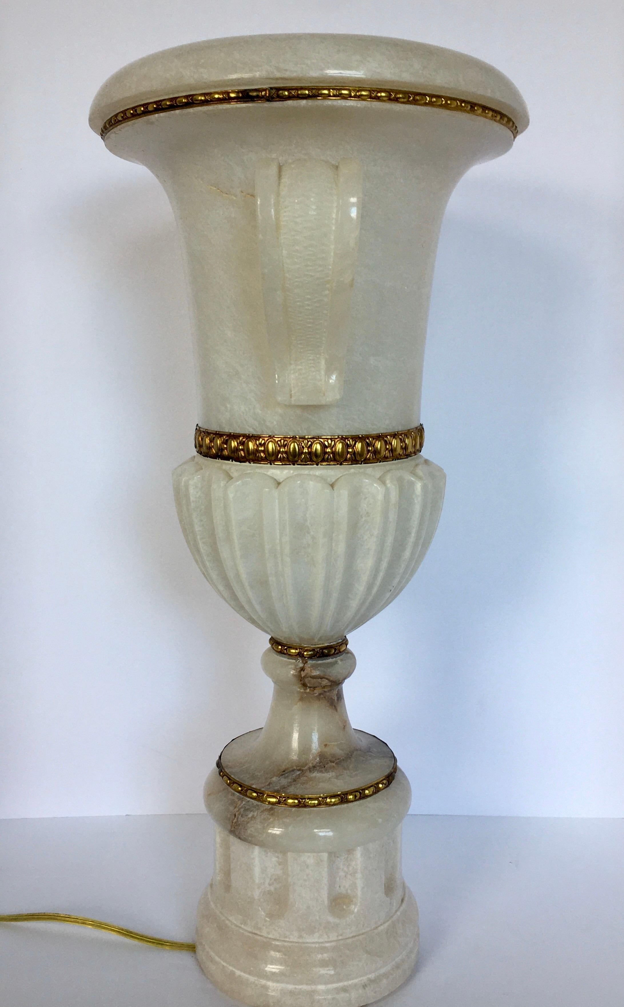 Neoclassical Tall Carved Alabaster Marble and Bronze Urn Table Lamp, Italy For Sale