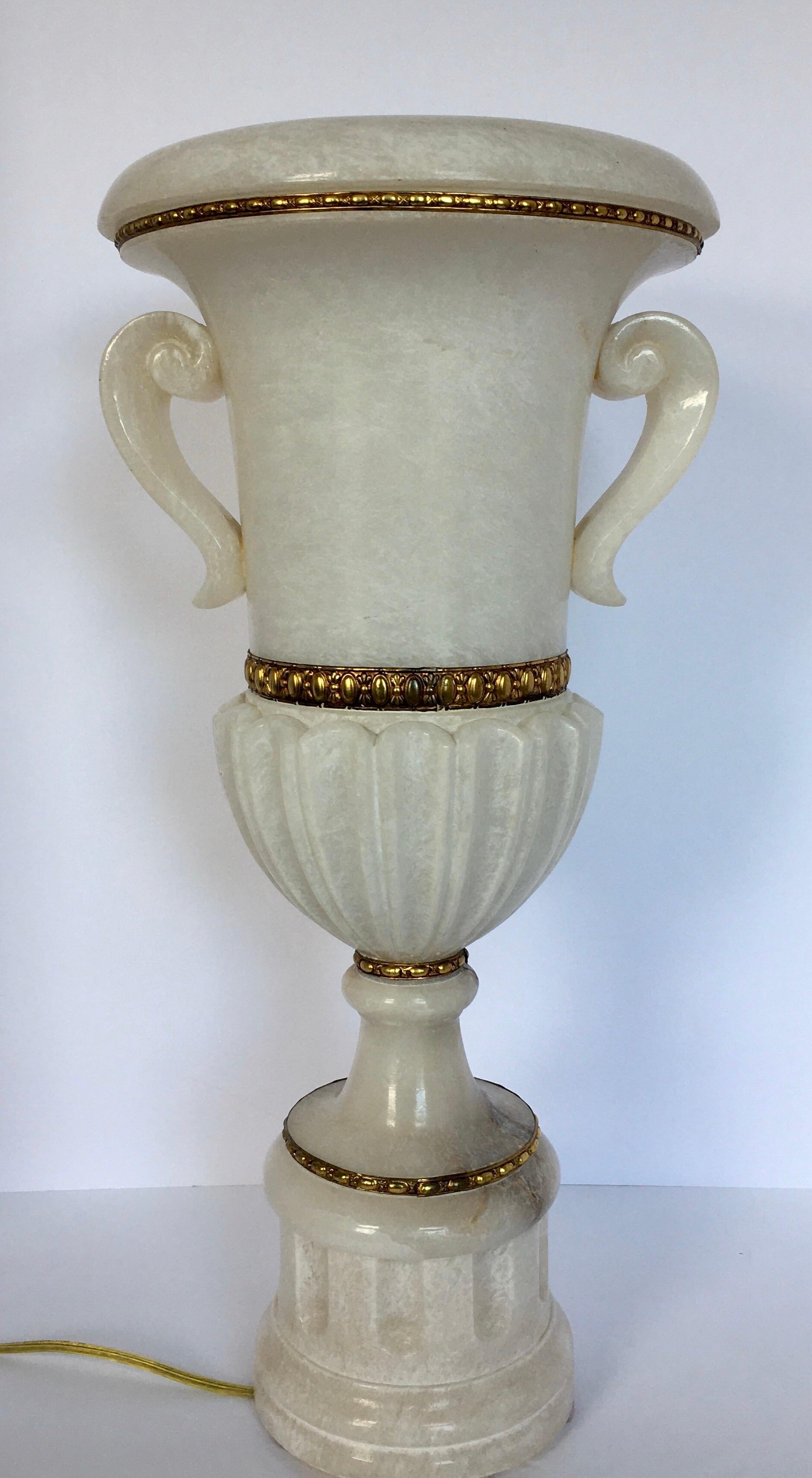 Italian Tall Carved Alabaster Marble and Bronze Urn Table Lamp, Italy For Sale