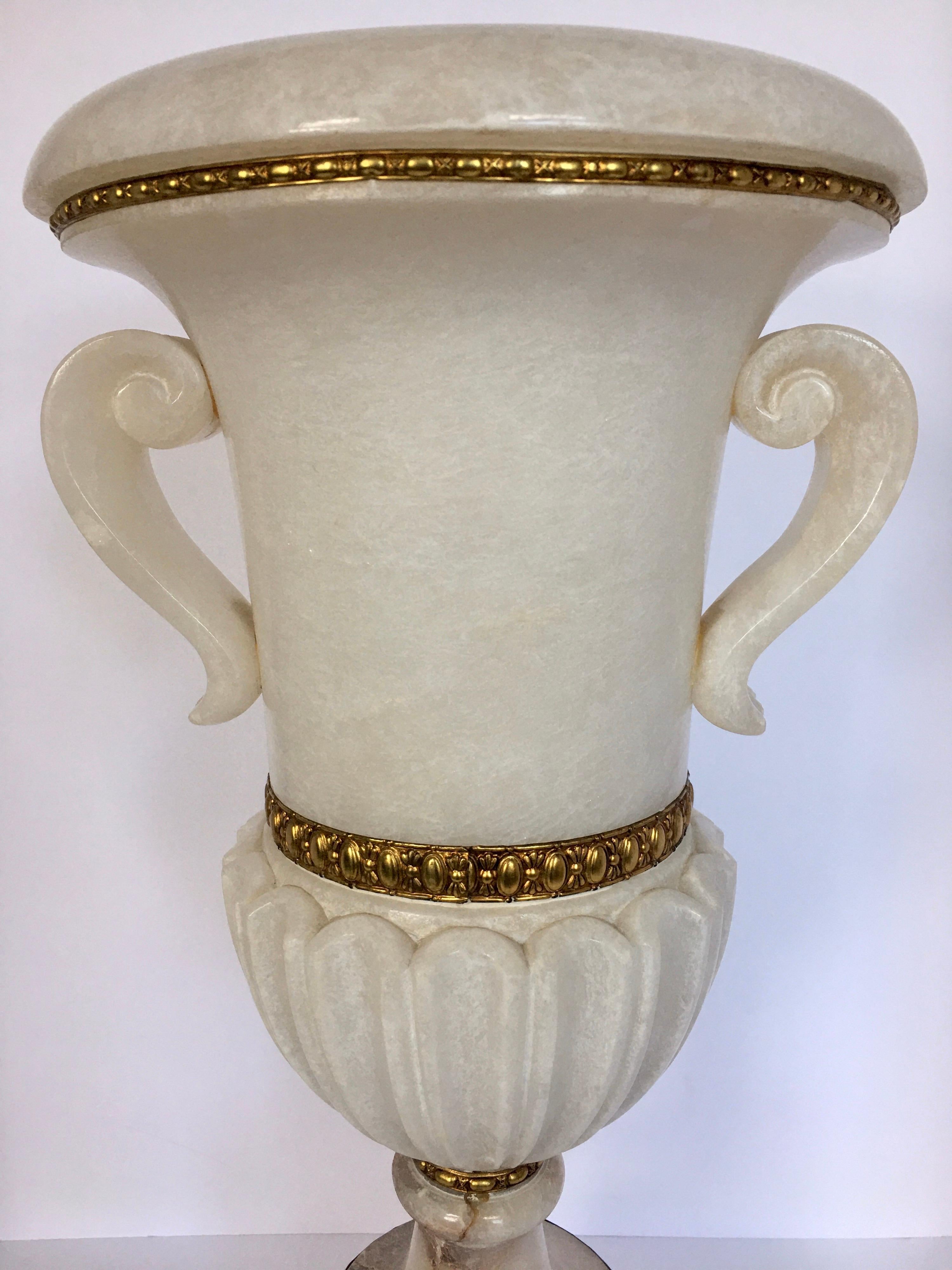 Tall Carved Alabaster Marble and Bronze Urn Table Lamp, Italy In Good Condition For Sale In Lambertville, NJ