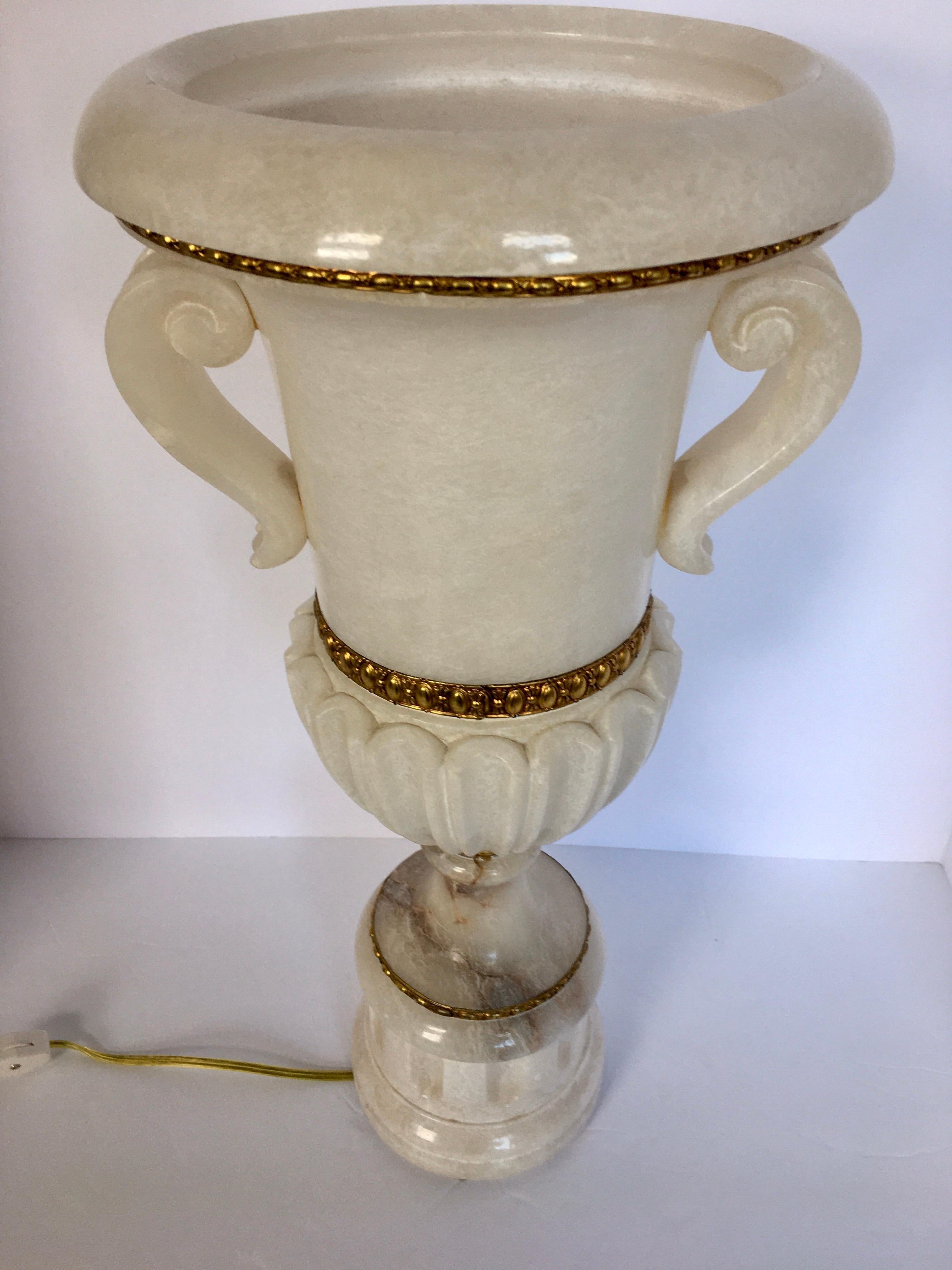 20th Century Tall Carved Alabaster Marble and Bronze Urn Table Lamp, Italy For Sale
