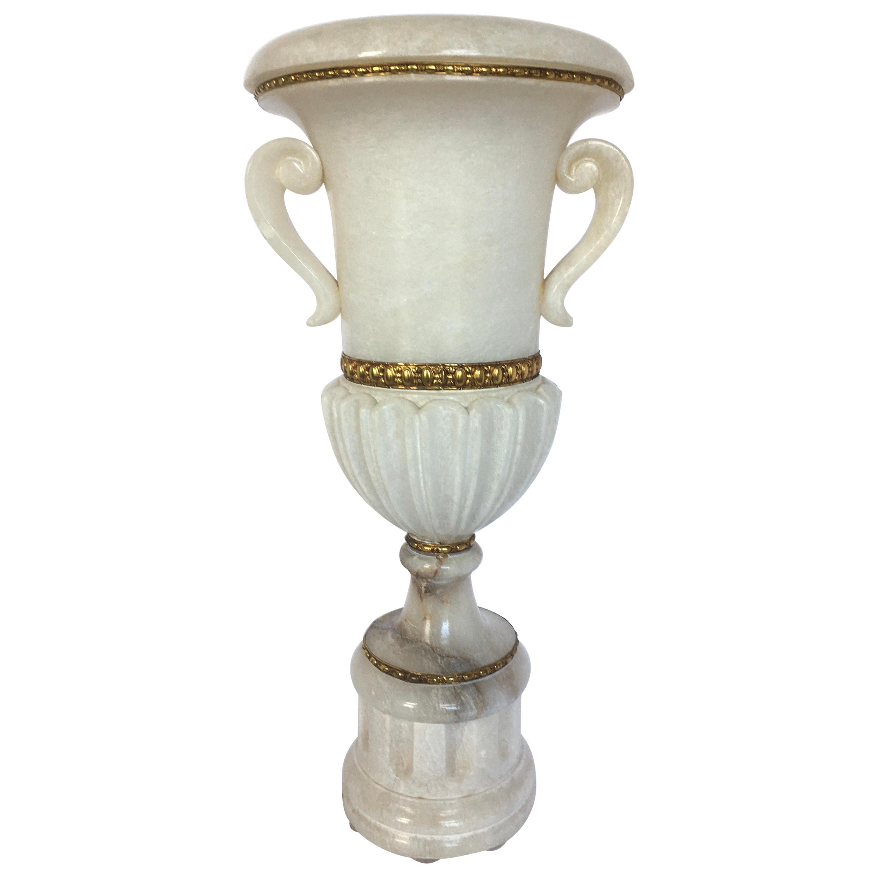 Tall Carved Alabaster Marble and Bronze Urn Table Lamp, Italy