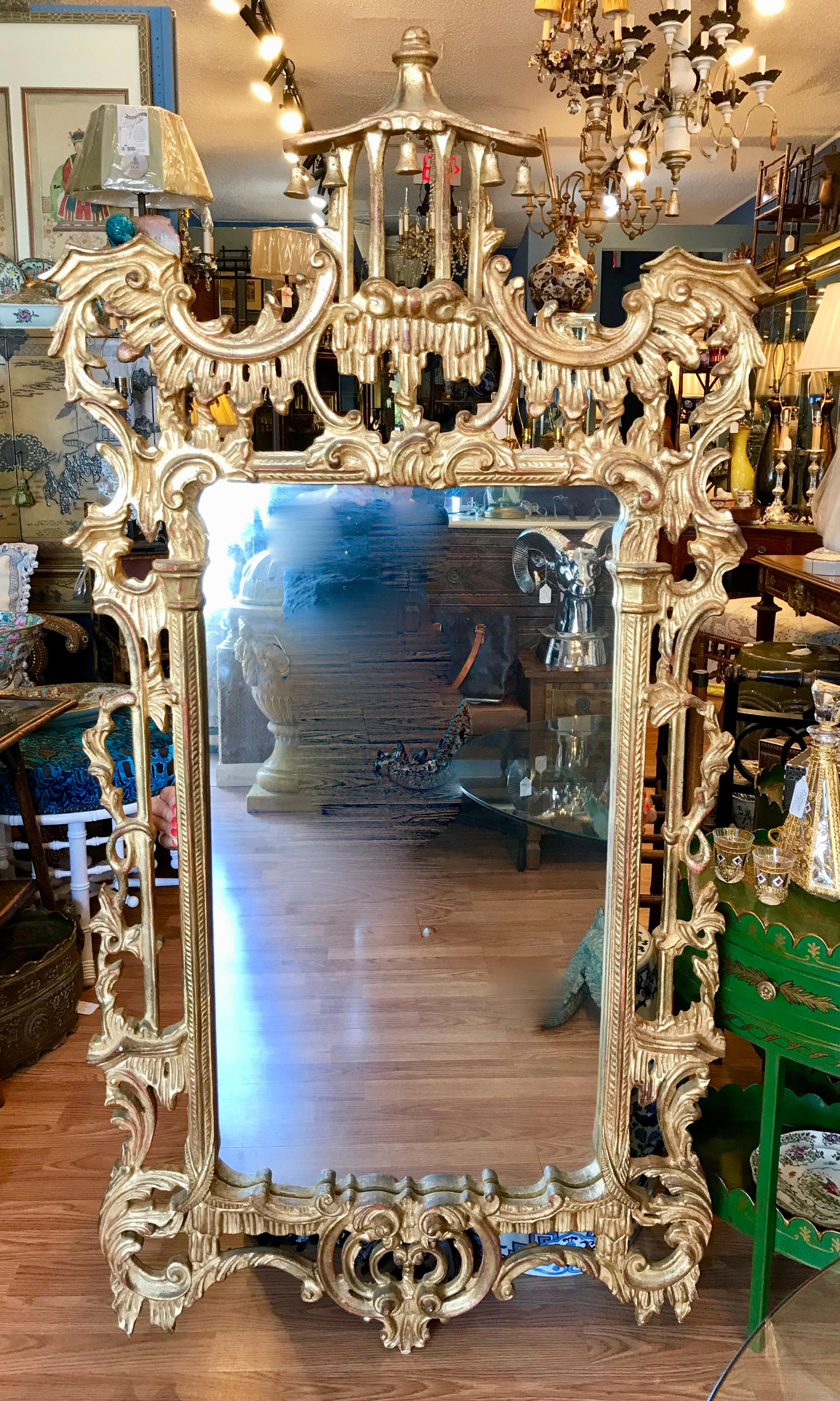 Italian Tall Carved Chippendale Pagoda Style Mirror