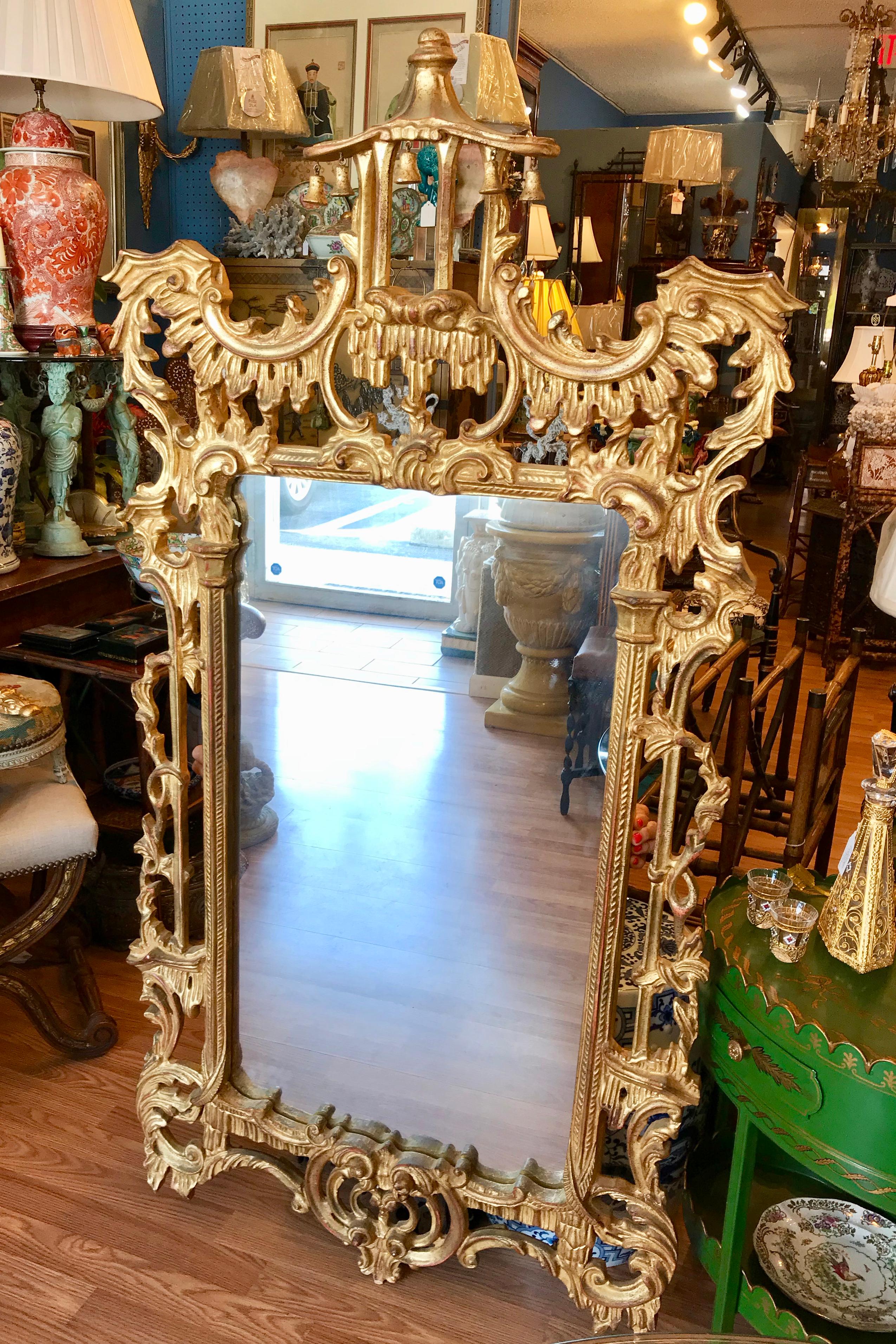 Tall Carved Chippendale Pagoda Style Mirror In Good Condition In West Palm Beach, FL