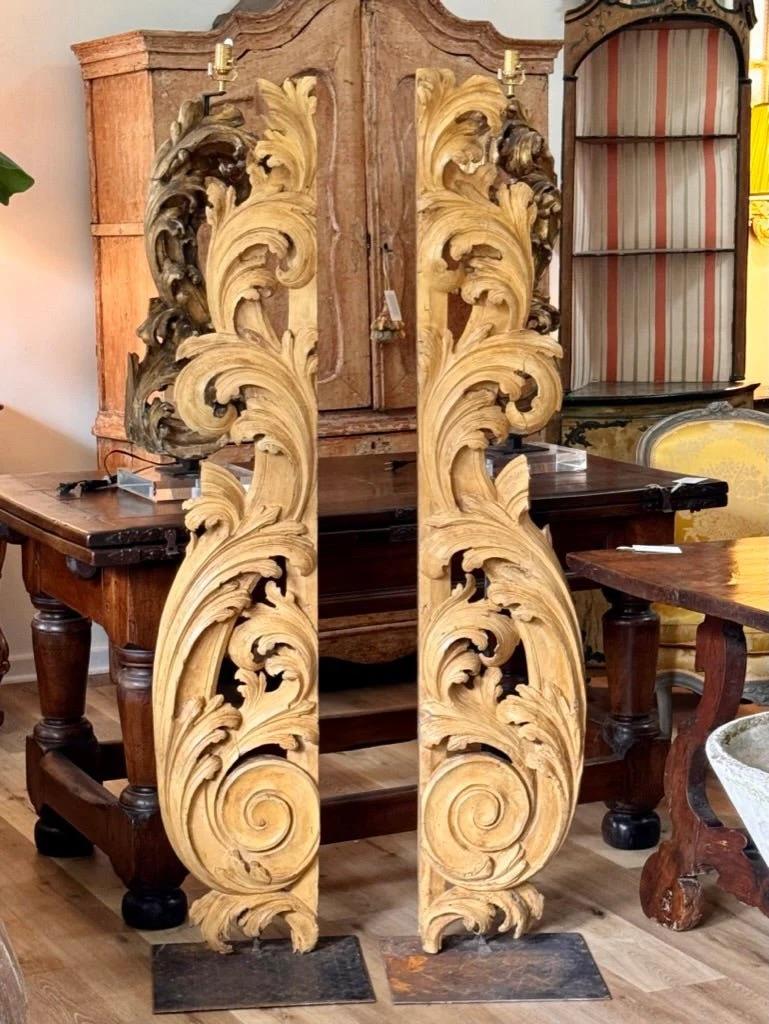 Tall carved, gilded fragments, French, on stands. Found in Provence, can also be removed from stands and hung on wall.  66.5” h. x 13.5” w. x 3.5” d. Base dimensions 15 ¾ «  x 13..

