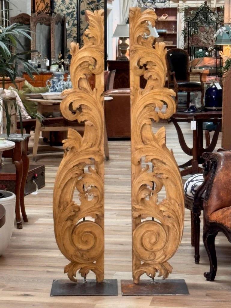 Wood Tall carved, gilded fragments, French, on stands For Sale
