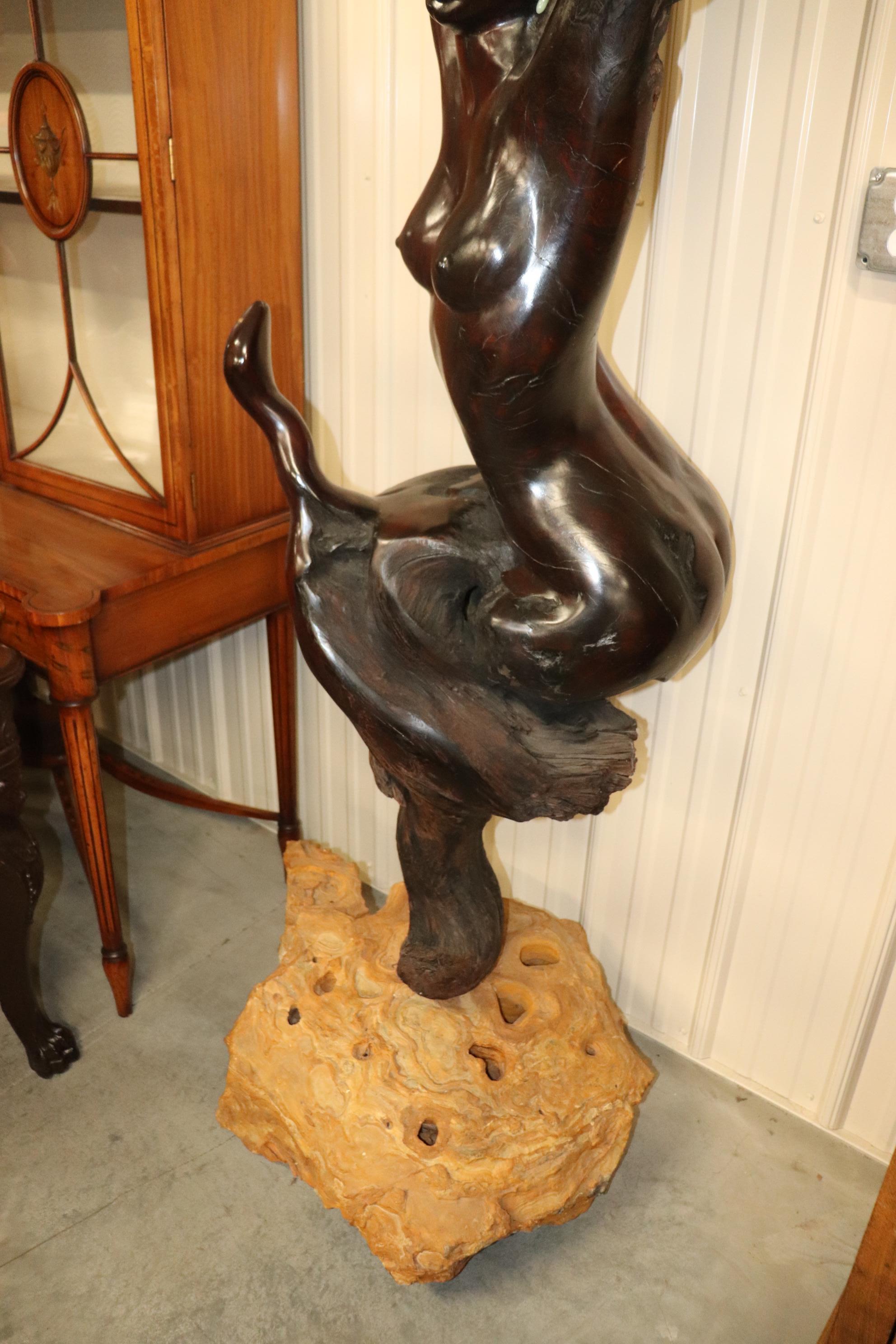 Tall Carved Rosewood Figural Sculpture of a Nude Women and a Snake In Good Condition In Swedesboro, NJ