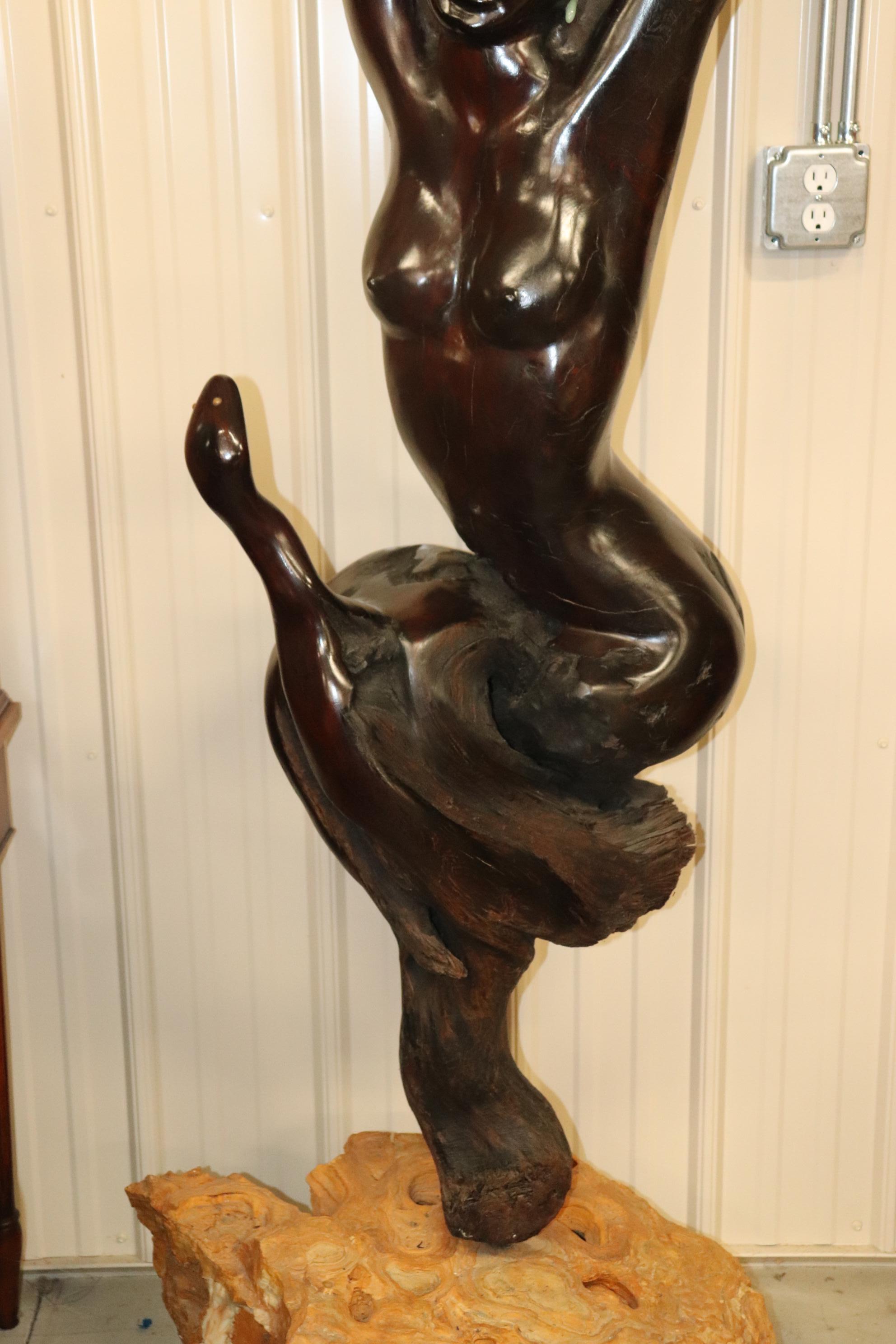 Tall Carved Rosewood Figural Sculpture of a Nude Women and a Snake 2