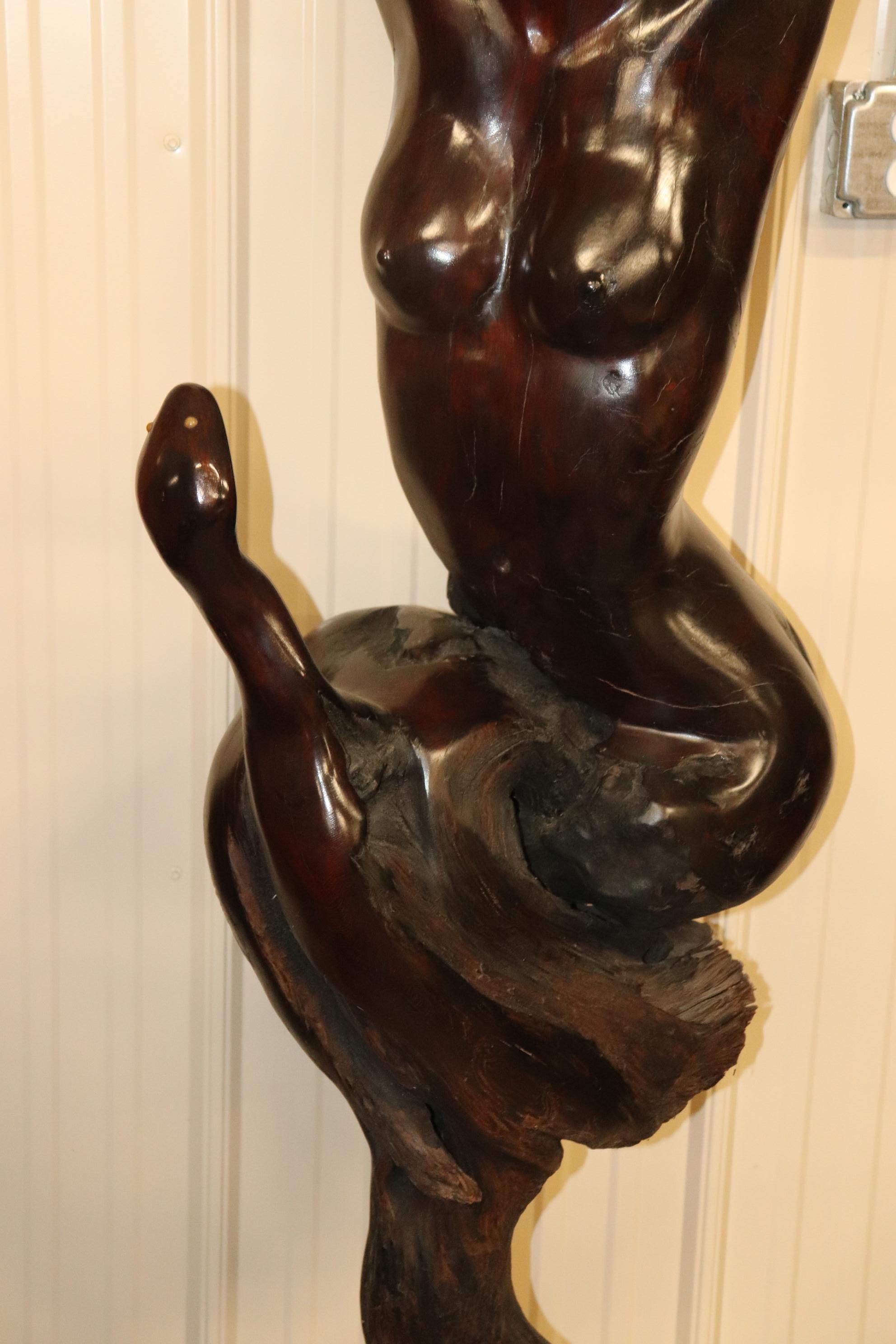 Tall Carved Rosewood Figural Sculpture of a Nude Women and a Snake 4