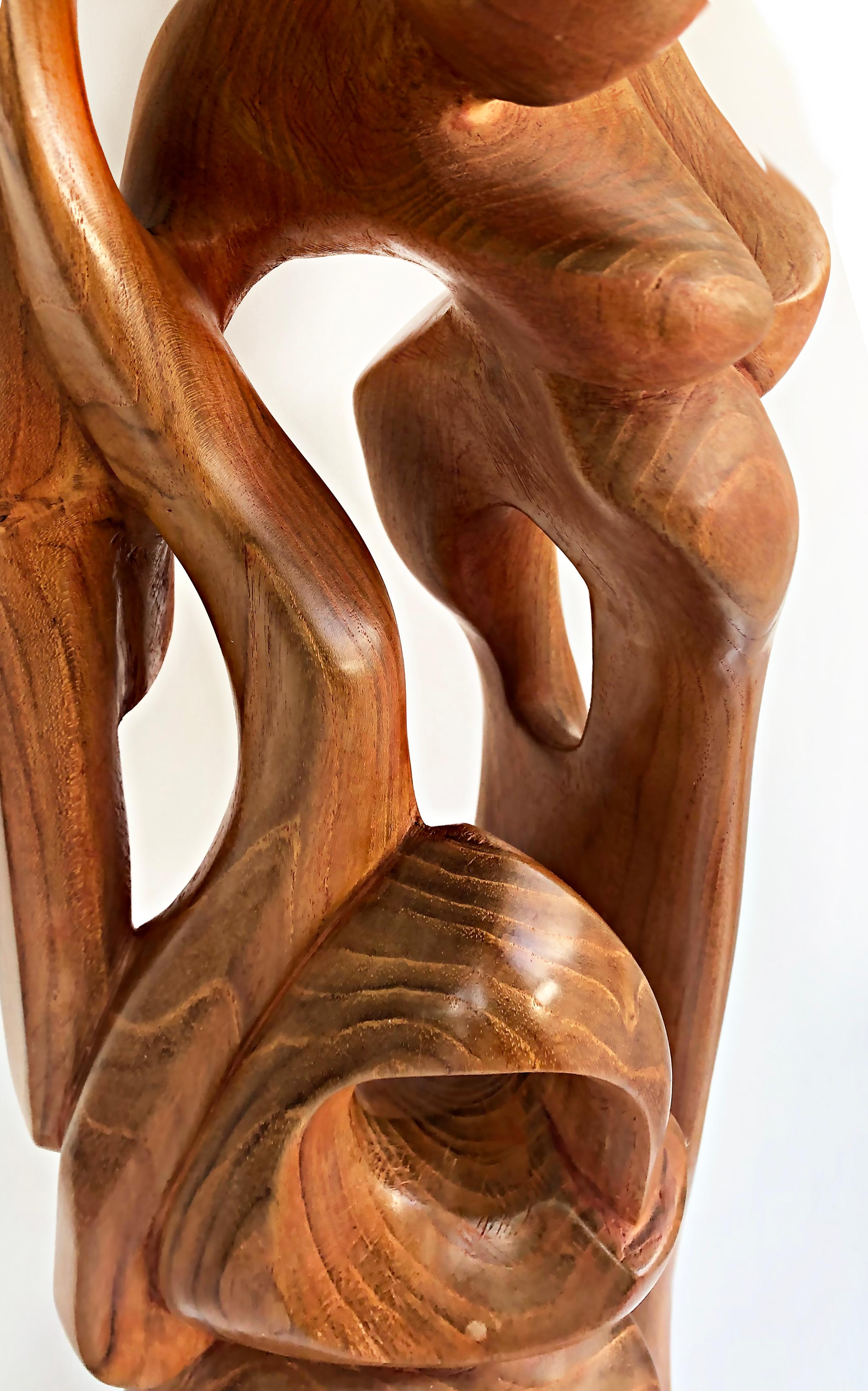 Contemporary Tall Carved Teak Sculpture by Ramon Barales, Cuban American Artist, 2003 For Sale