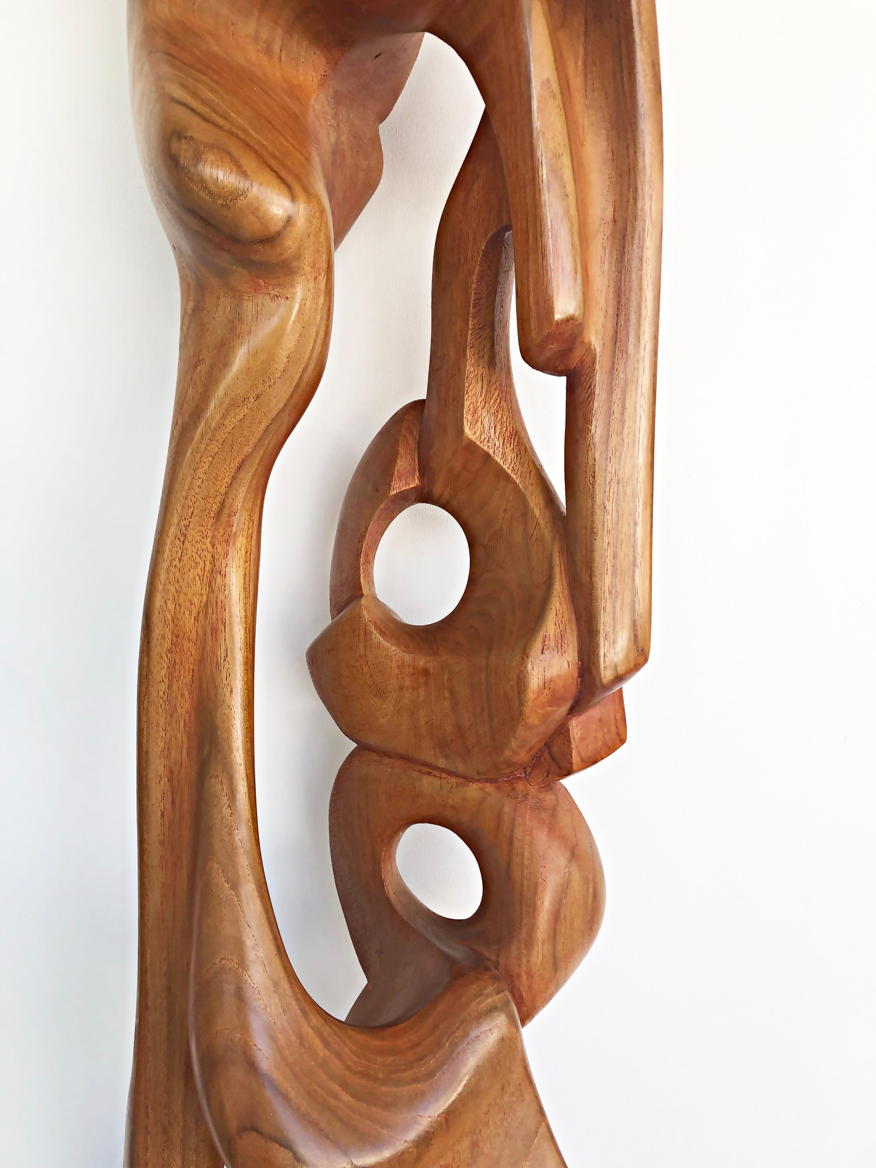 Marble Tall Carved Teak Sculpture by Ramon Barales, Cuban American Artist, 2003 For Sale