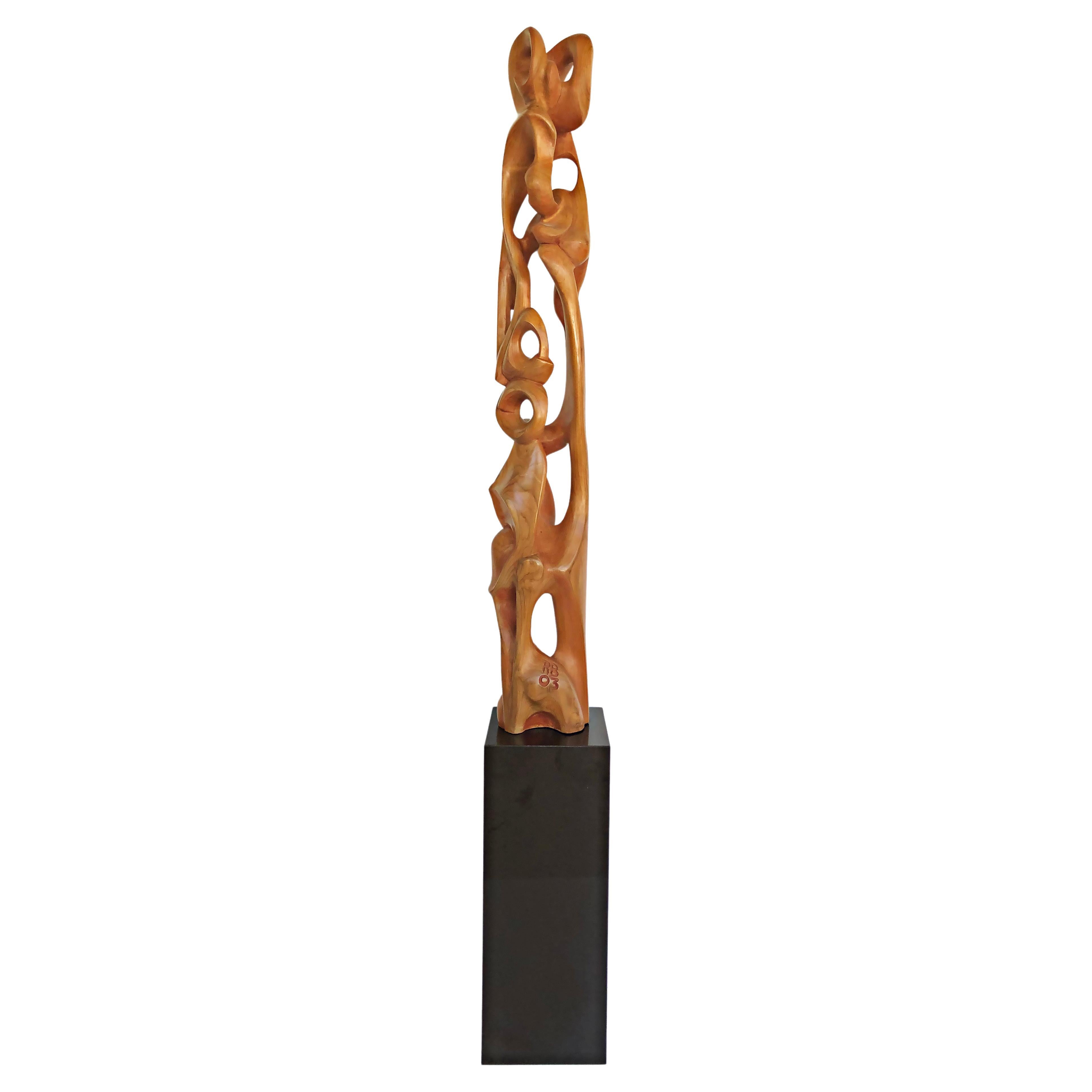 Tall Carved Teak Sculpture by Ramon Barales, Cuban American Artist, 2003 For Sale