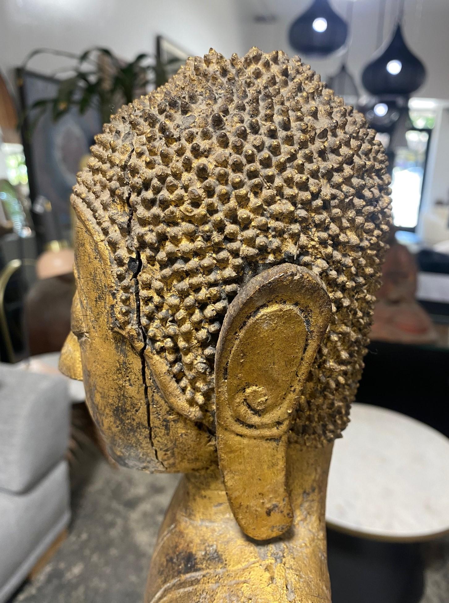 Tall Carved Wood and Gilt Standing Serene Temple Shrine Thai Siam Asian Buddha For Sale 5