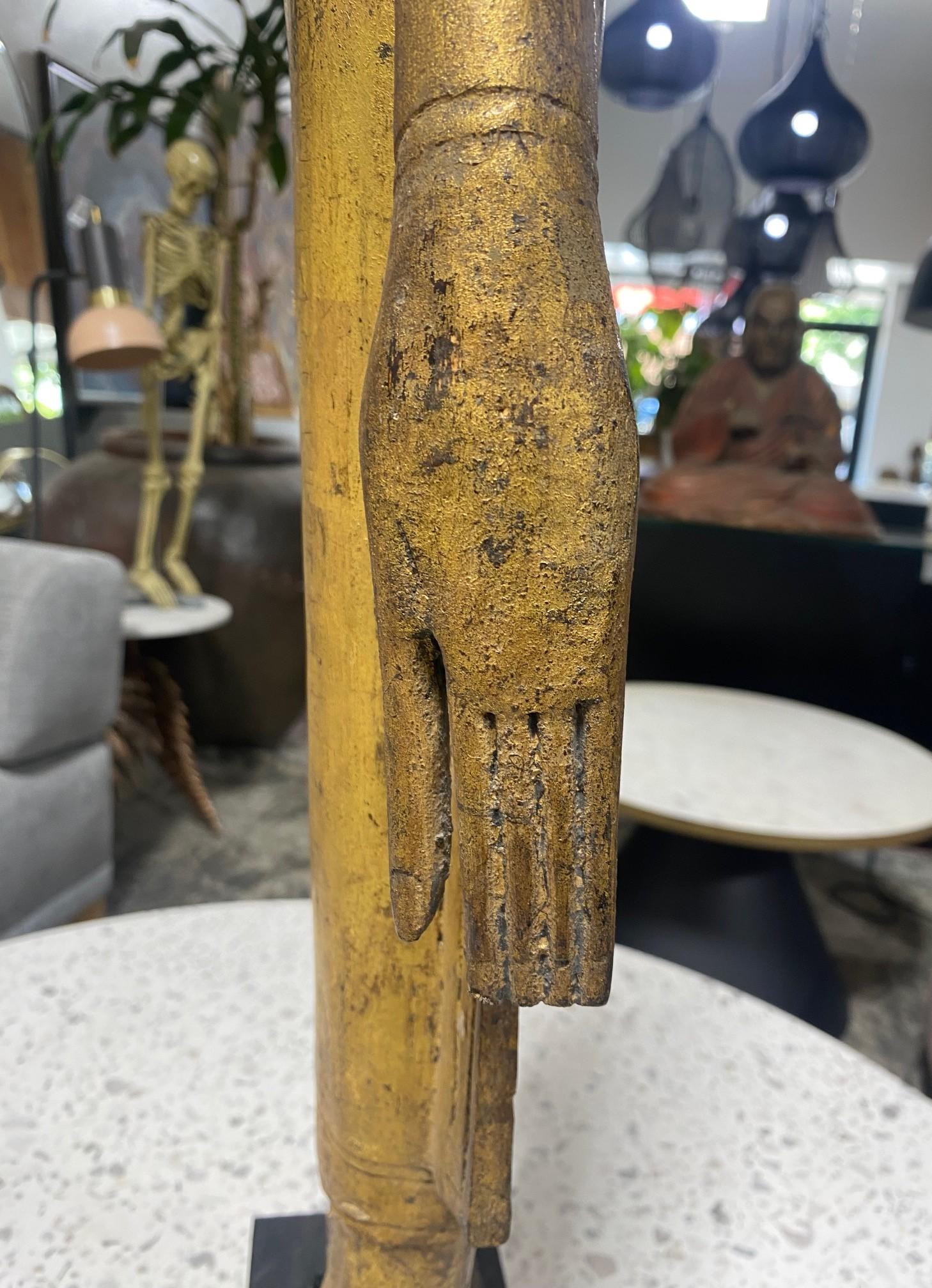 Tall Carved Wood and Gilt Standing Serene Temple Shrine Thai Siam Asian Buddha For Sale 7