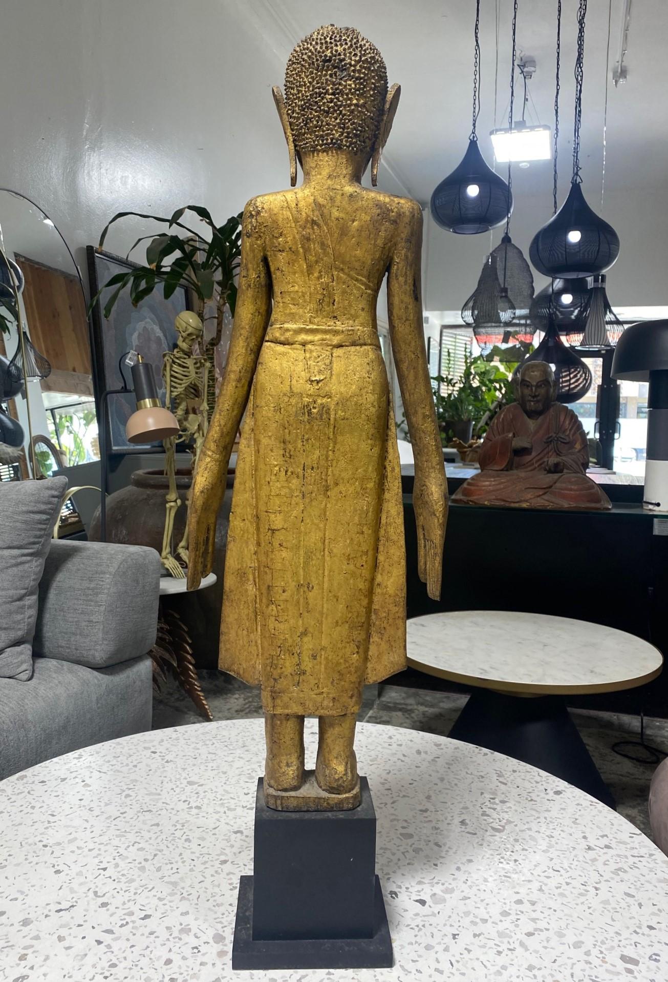 Tall Carved Wood and Gilt Standing Serene Temple Shrine Thai Siam Asian Buddha For Sale 8