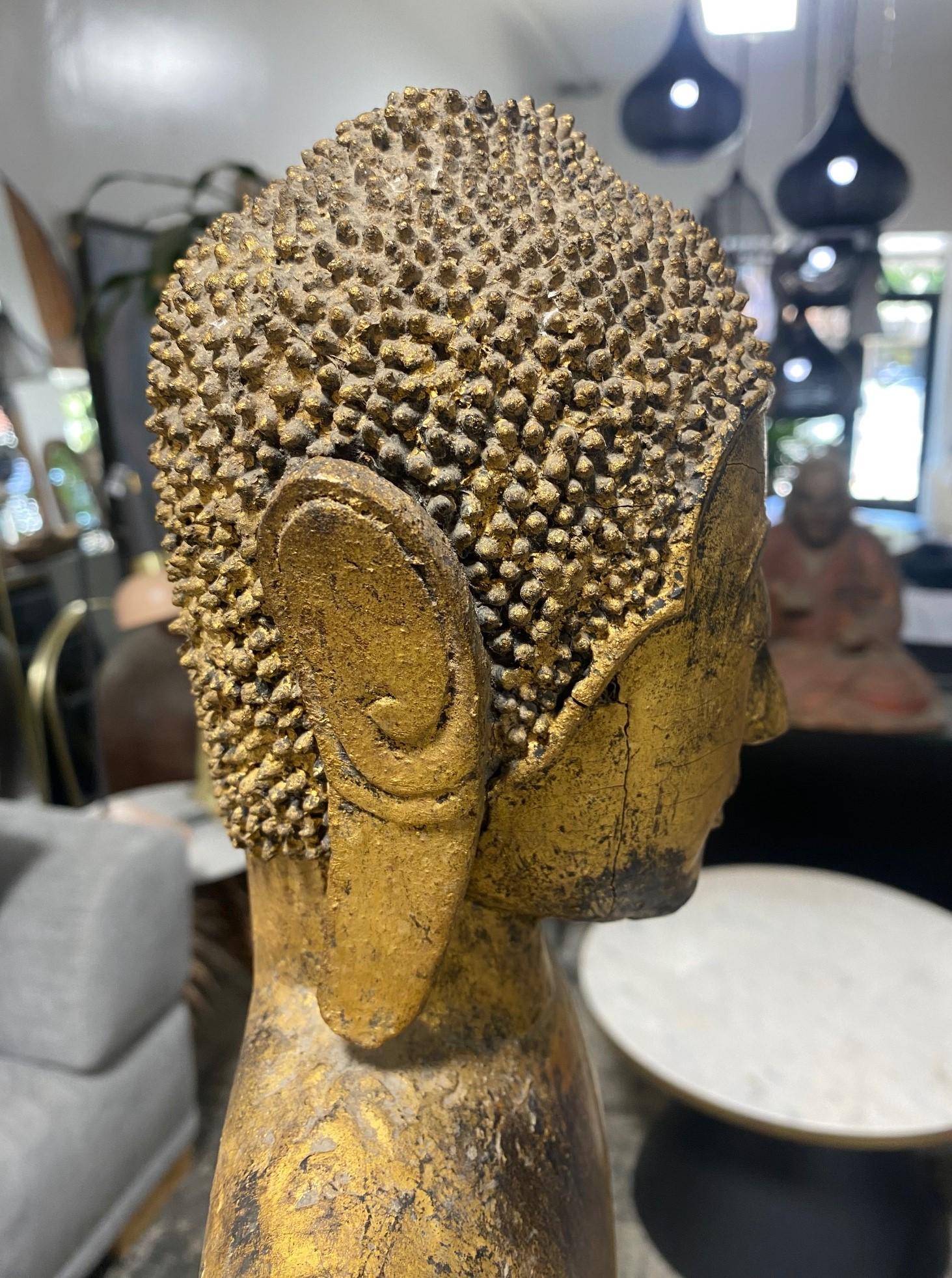 Tall Carved Wood and Gilt Standing Serene Temple Shrine Thai Siam Asian Buddha For Sale 12