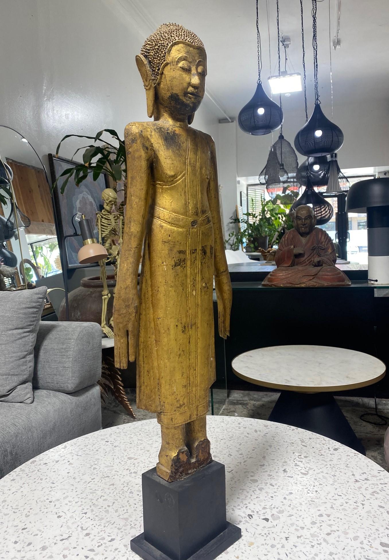 Tall Carved Wood and Gilt Standing Serene Temple Shrine Thai Siam Asian Buddha For Sale 13
