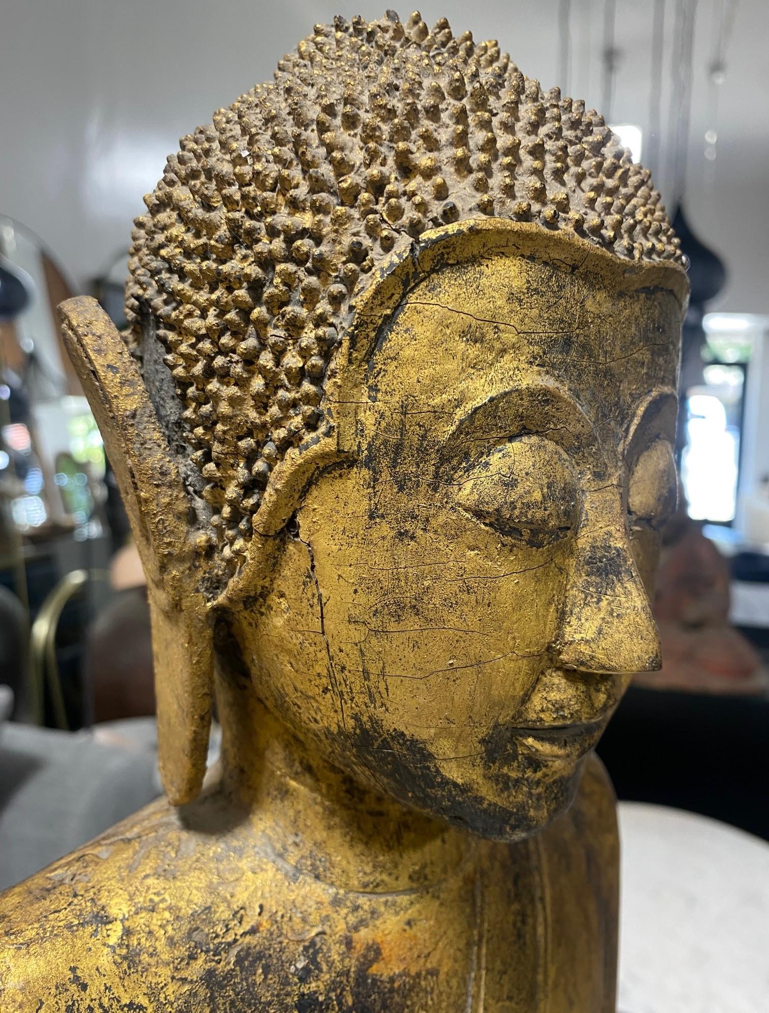 Tall Carved Wood and Gilt Standing Serene Temple Shrine Thai Siam Asian Buddha For Sale 14