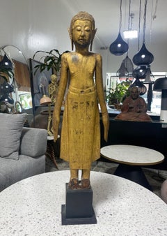 Tall Carved Wood and Gilt Standing Serene Temple Shrine Thai Siam Asian Buddha