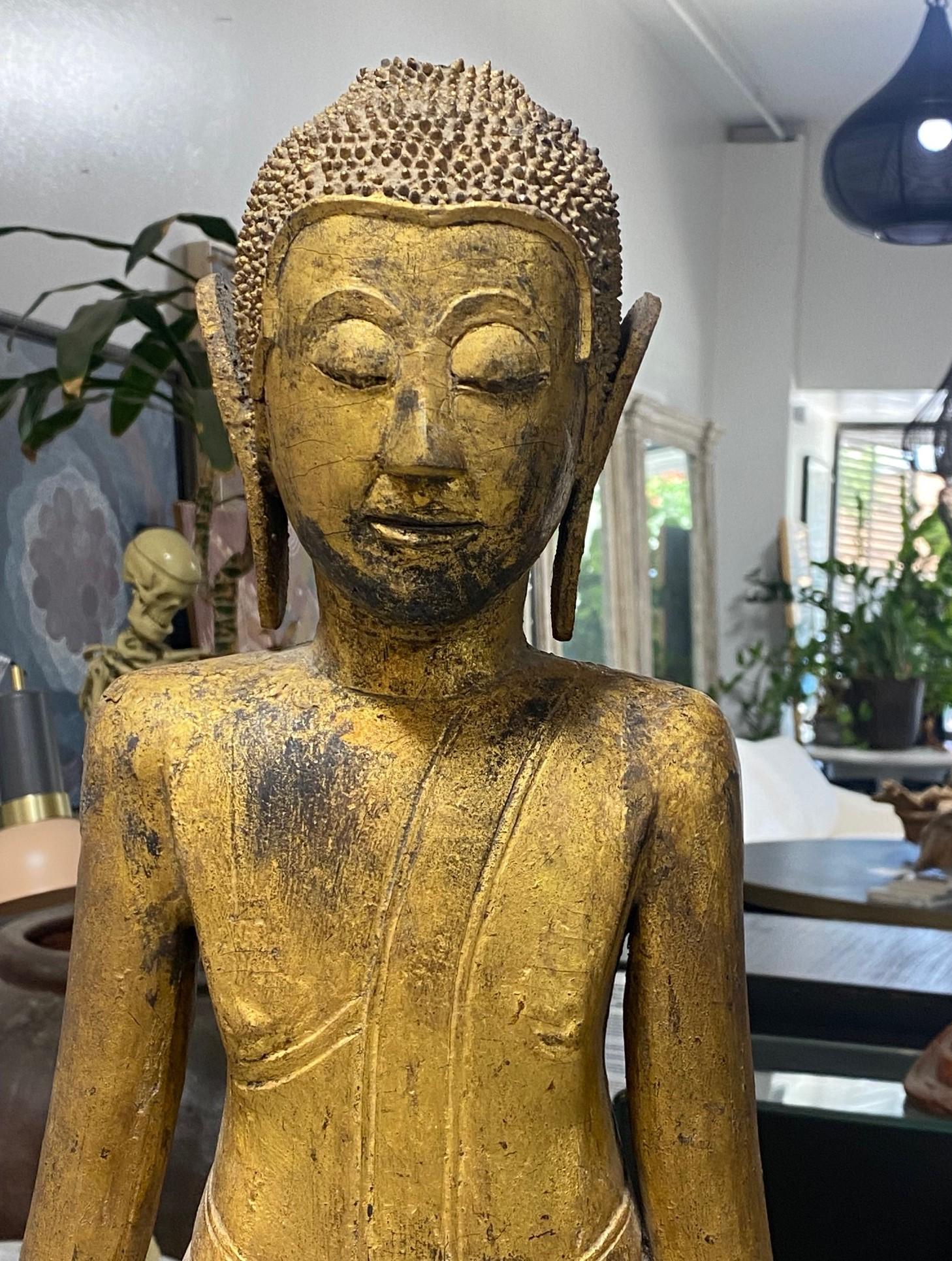 Tall Carved Wood and Gilt Standing Serene Temple Shrine Thai Siam Asian Buddha For Sale 15