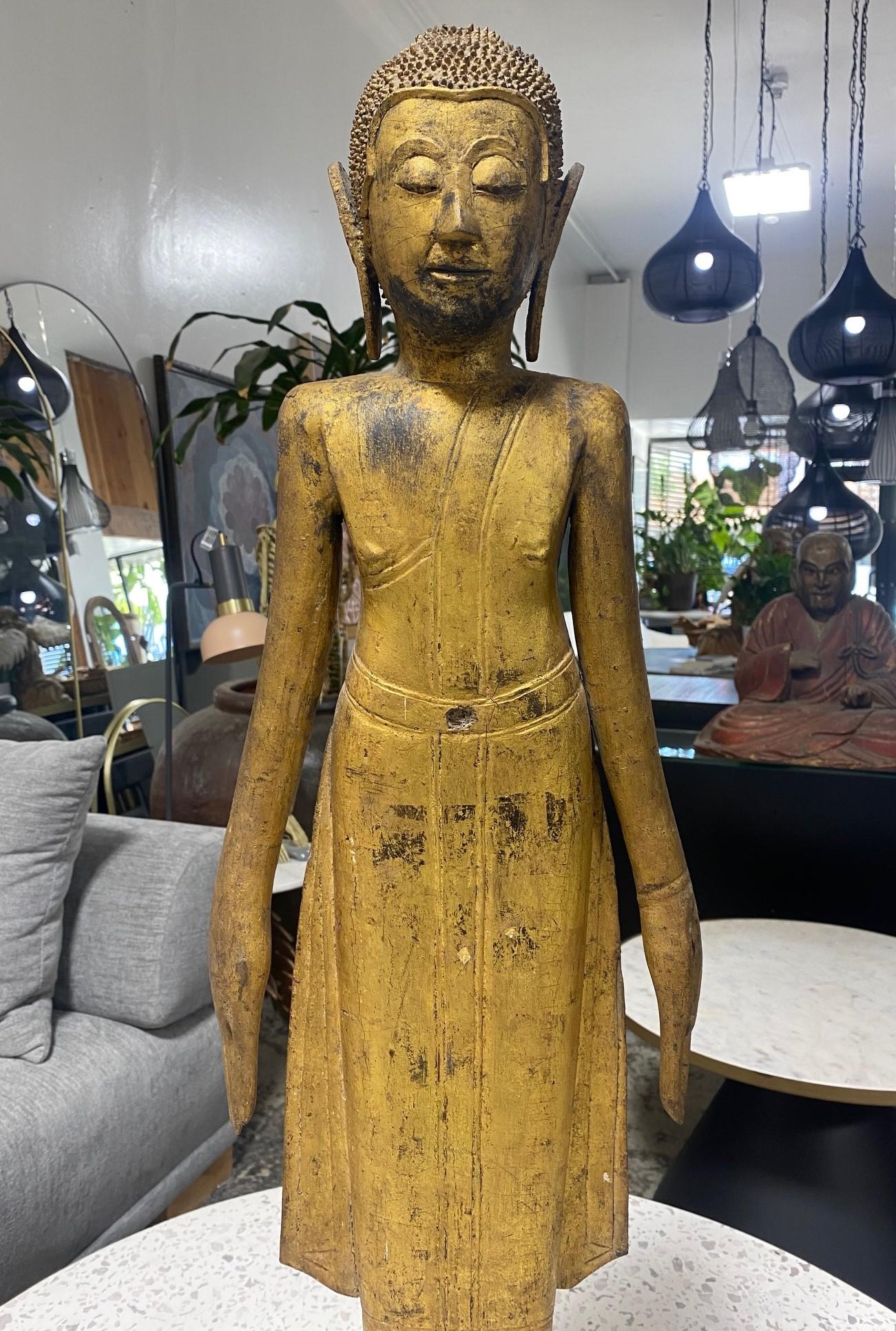 Hand-Carved Tall Carved Wood and Gilt Standing Serene Temple Shrine Thai Siam Asian Buddha For Sale