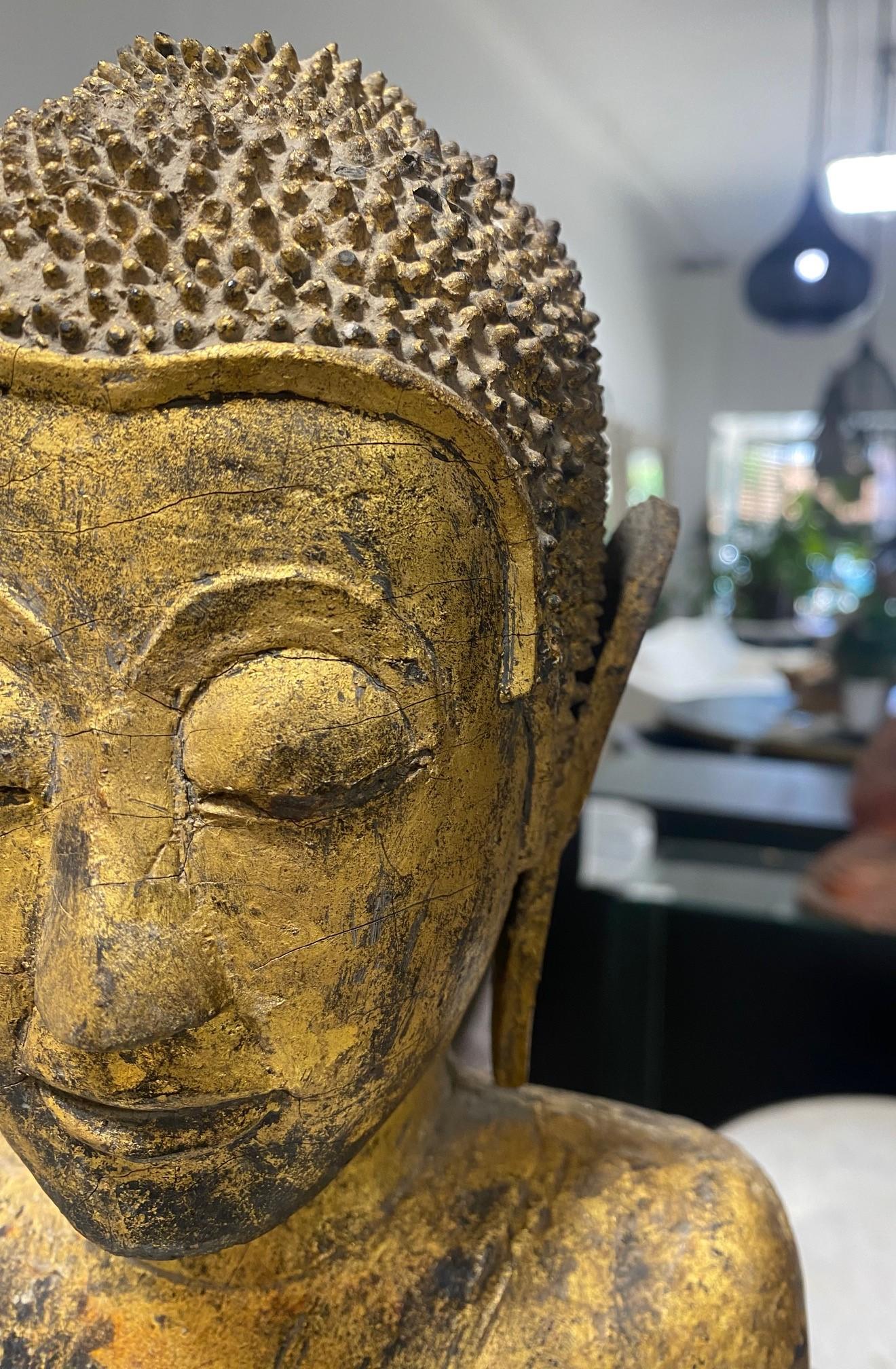 Tall Carved Wood and Gilt Standing Serene Temple Shrine Thai Siam Asian Buddha In Good Condition For Sale In Studio City, CA