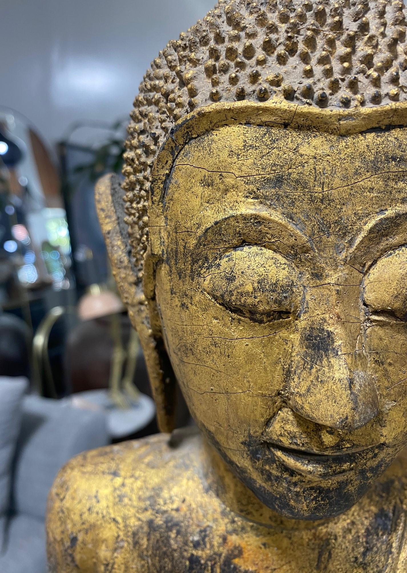 20th Century Tall Carved Wood and Gilt Standing Serene Temple Shrine Thai Siam Asian Buddha For Sale