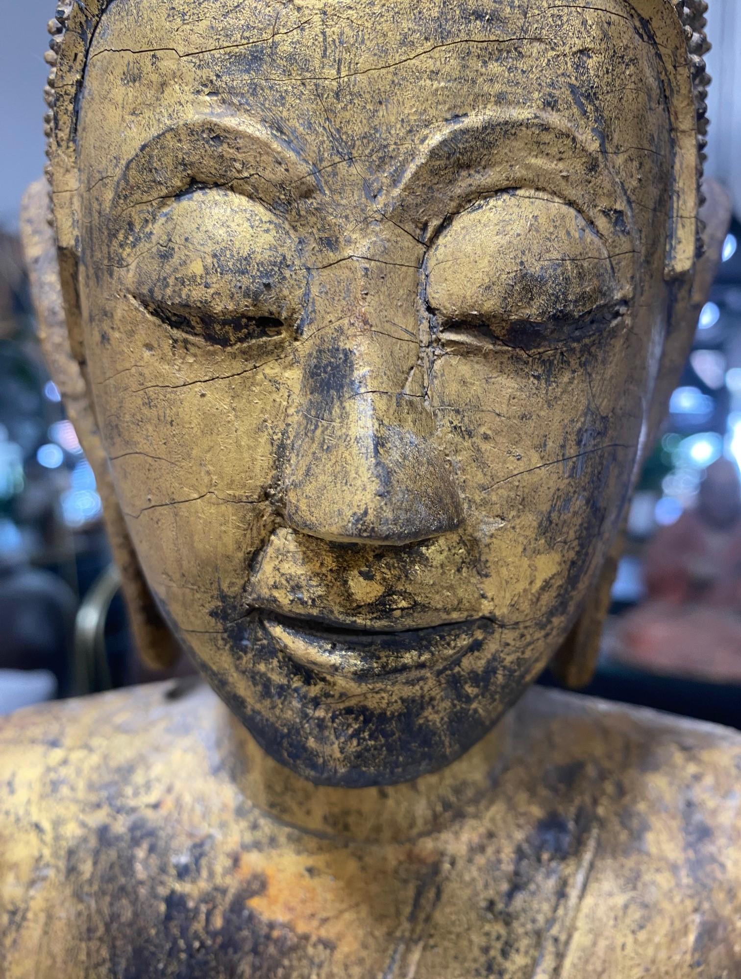 Tall Carved Wood and Gilt Standing Serene Temple Shrine Thai Siam Asian Buddha For Sale 1