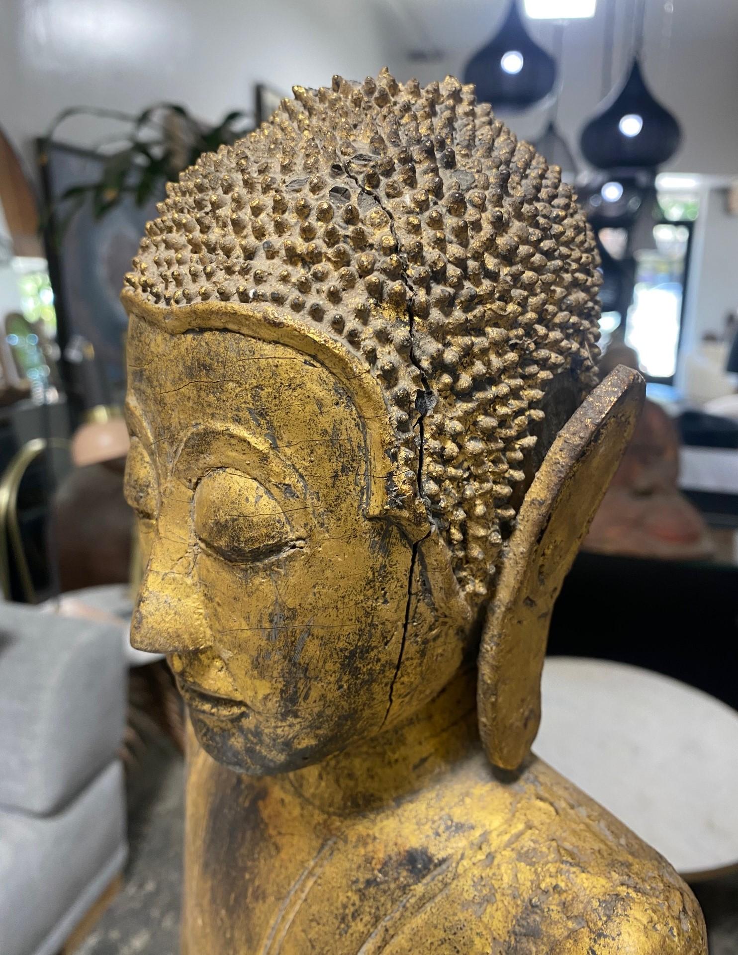 Tall Carved Wood and Gilt Standing Serene Temple Shrine Thai Siam Asian Buddha For Sale 4