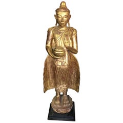 Tall Carved Wood, Lacquer and Gilt Standing Temple Shrine Buddha