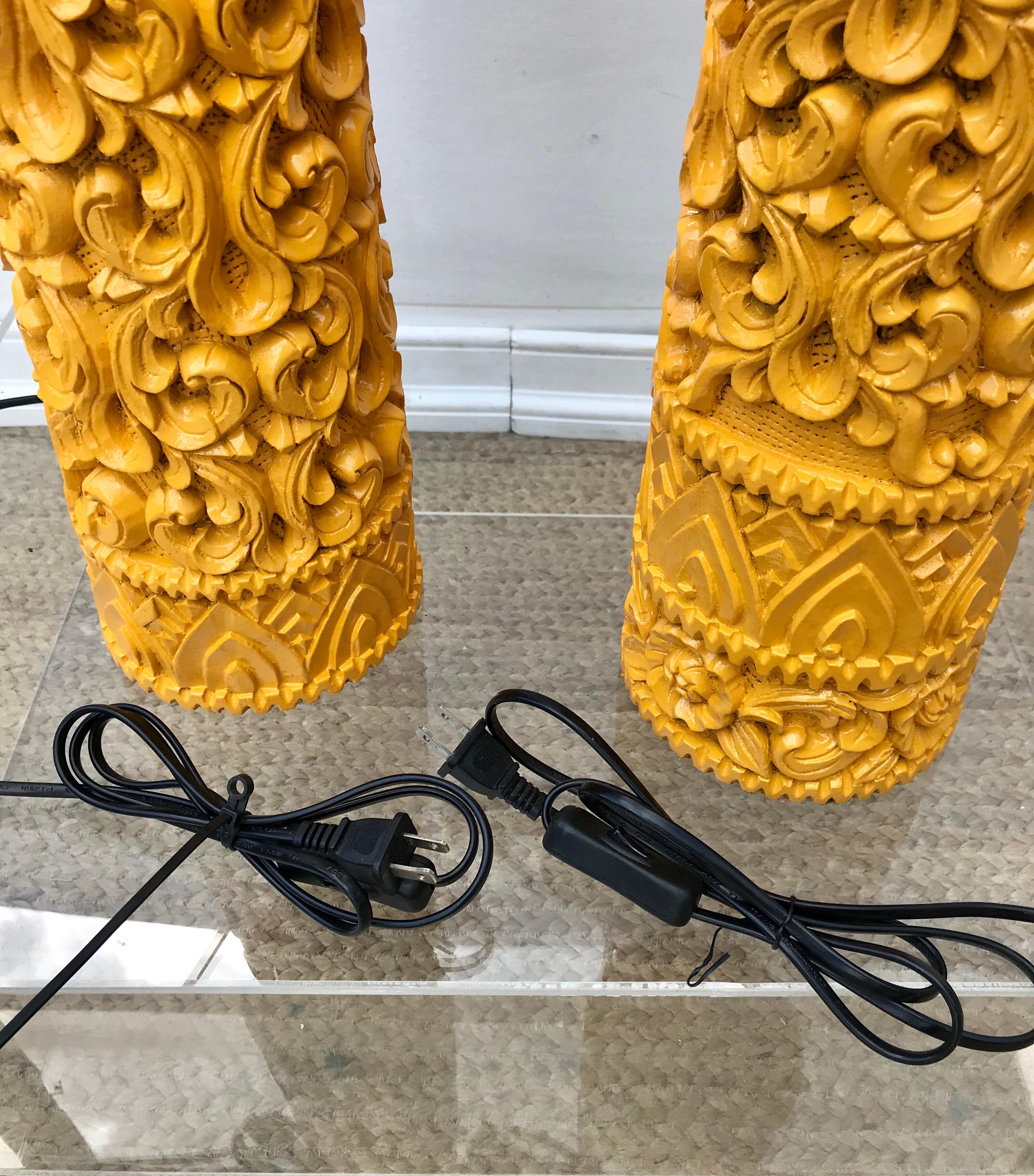 Tall Carved Wood Lamps in Marigold Yellow For Sale 3