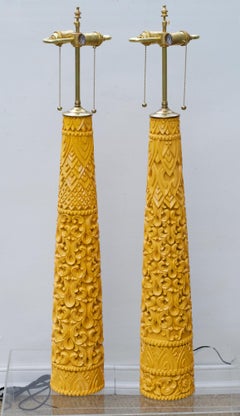 Tall Carved Wood Lamps in Marigold Yellow