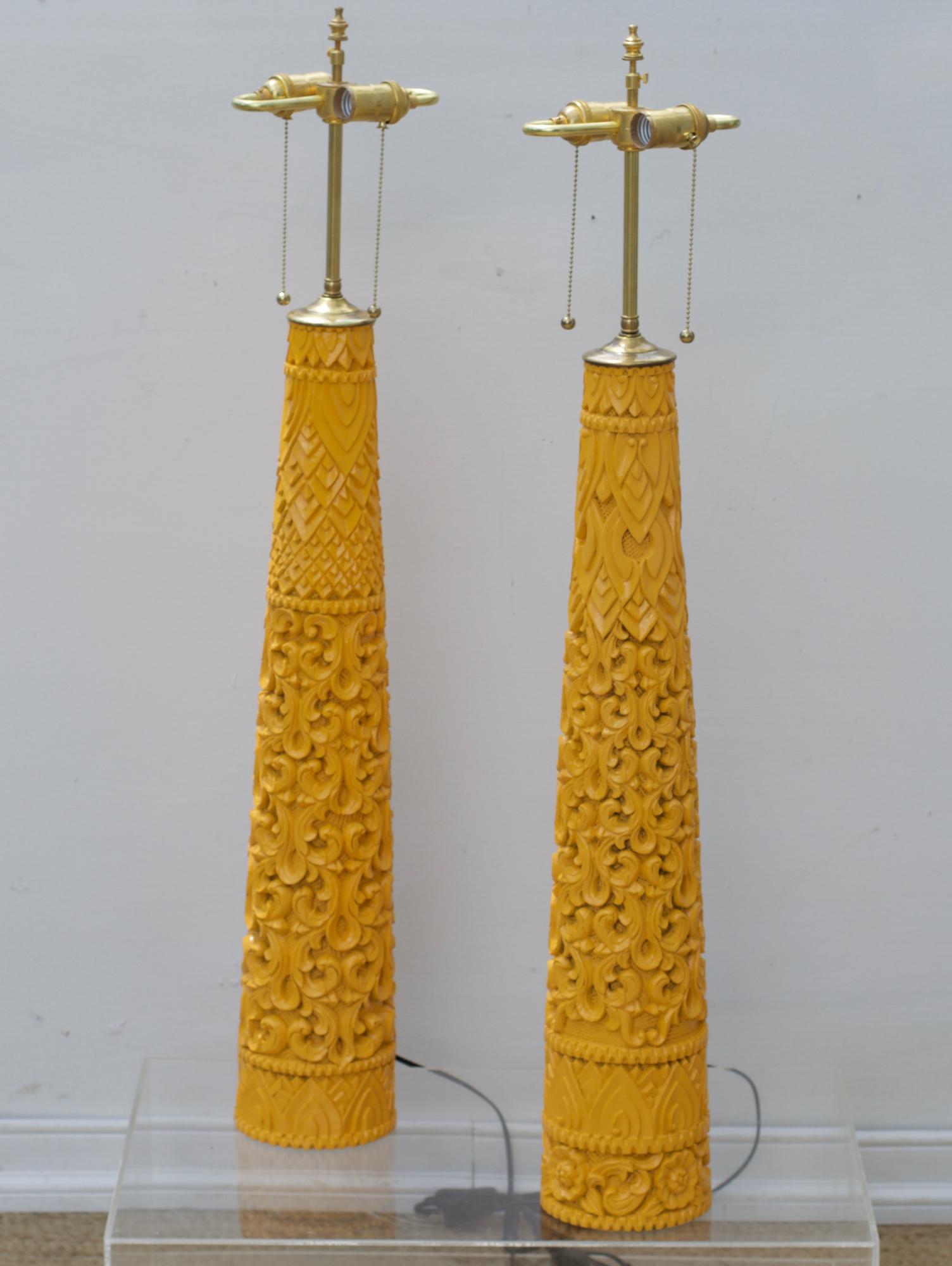 Indian Tall Carved Wood Lamps in Marigold Yellow For Sale