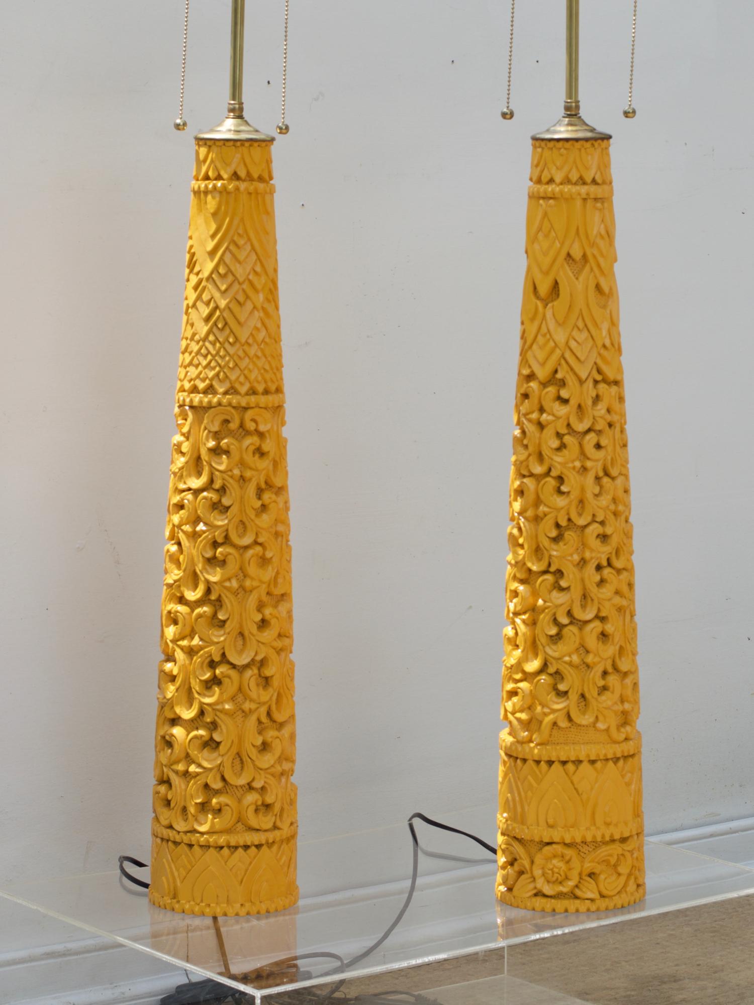 Tall Carved Wood Lamps in Marigold Yellow In Good Condition For Sale In Charlottesville, VA
