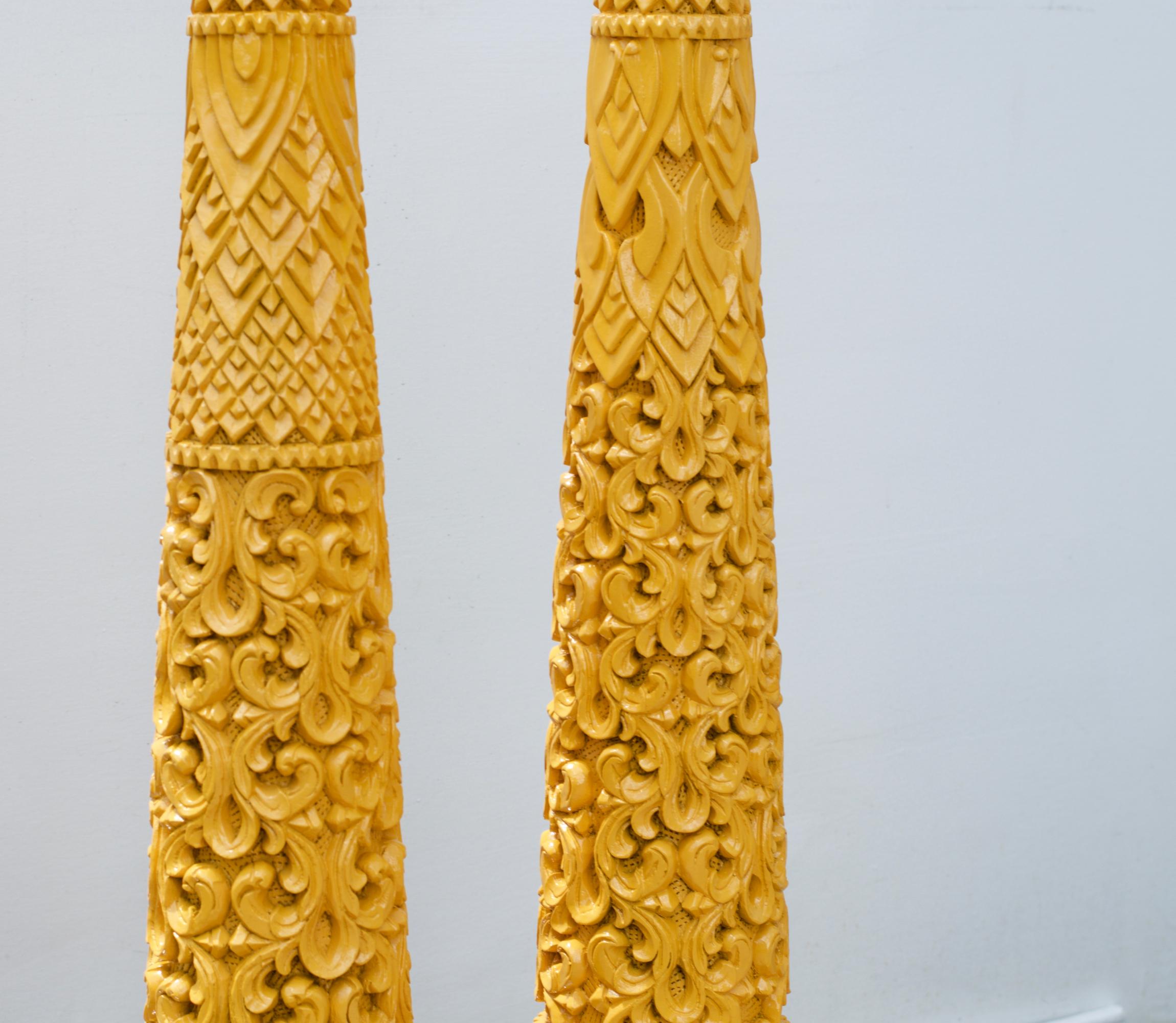 Late 20th Century Tall Carved Wood Lamps in Marigold Yellow For Sale