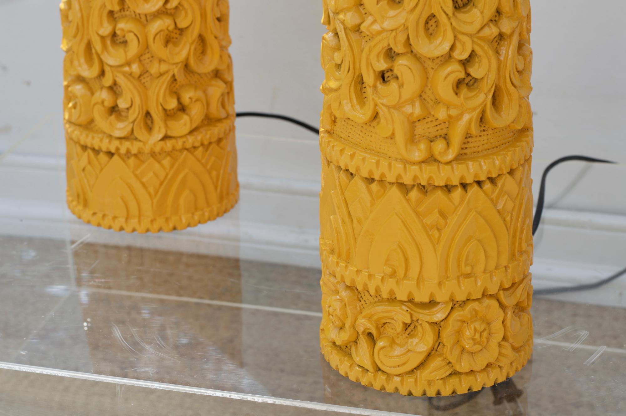 Tall Carved Wood Lamps in Marigold Yellow For Sale 1