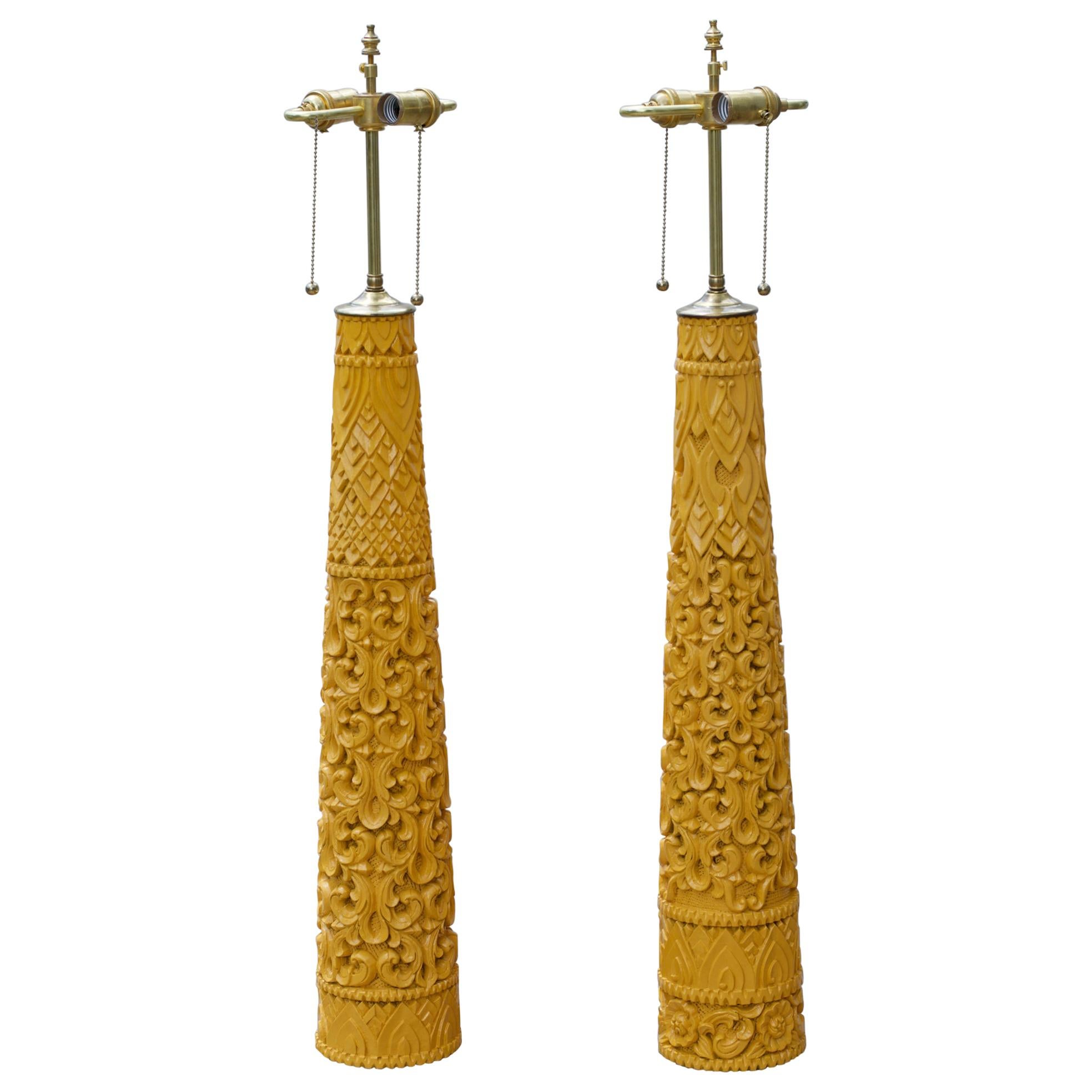 Tall Carved Wood Lamps in Marigold Yellow For Sale