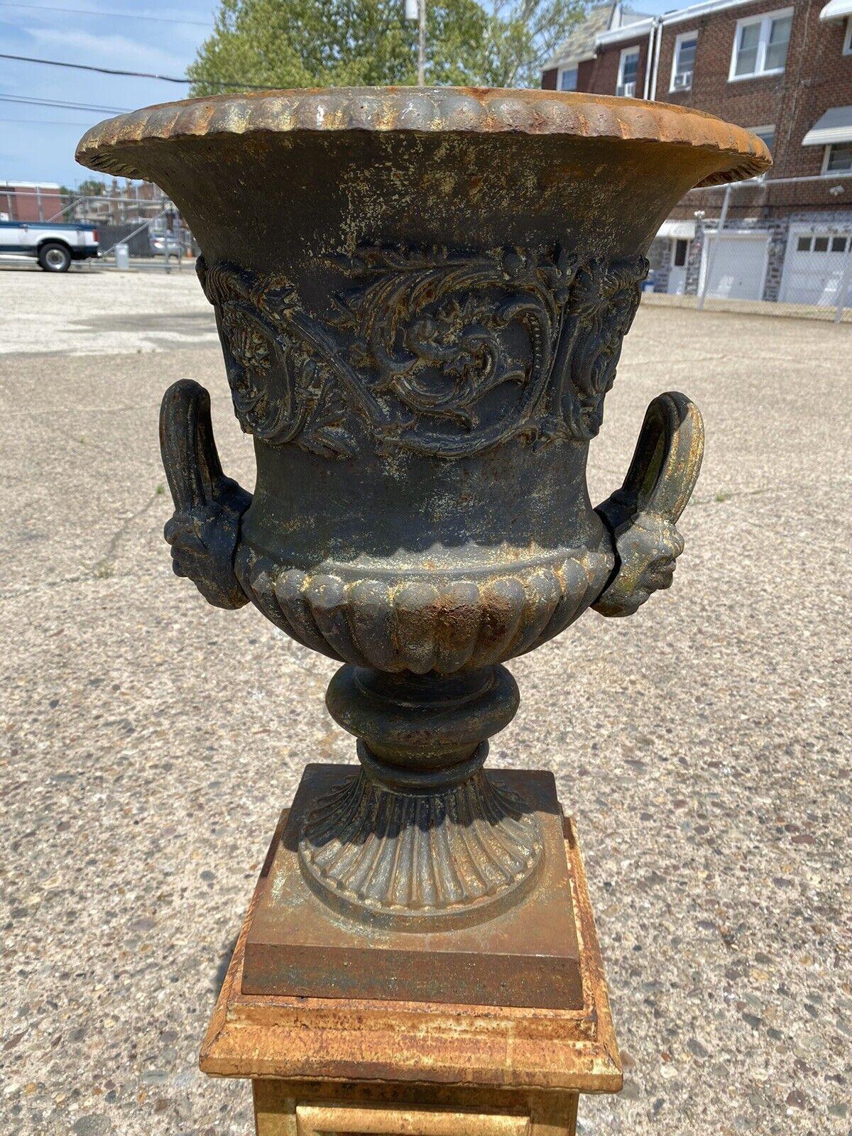 Neoclassical Tall Cast Iron Victorian Campana Urn Outdoor Garden Planter on Base w/ Faces