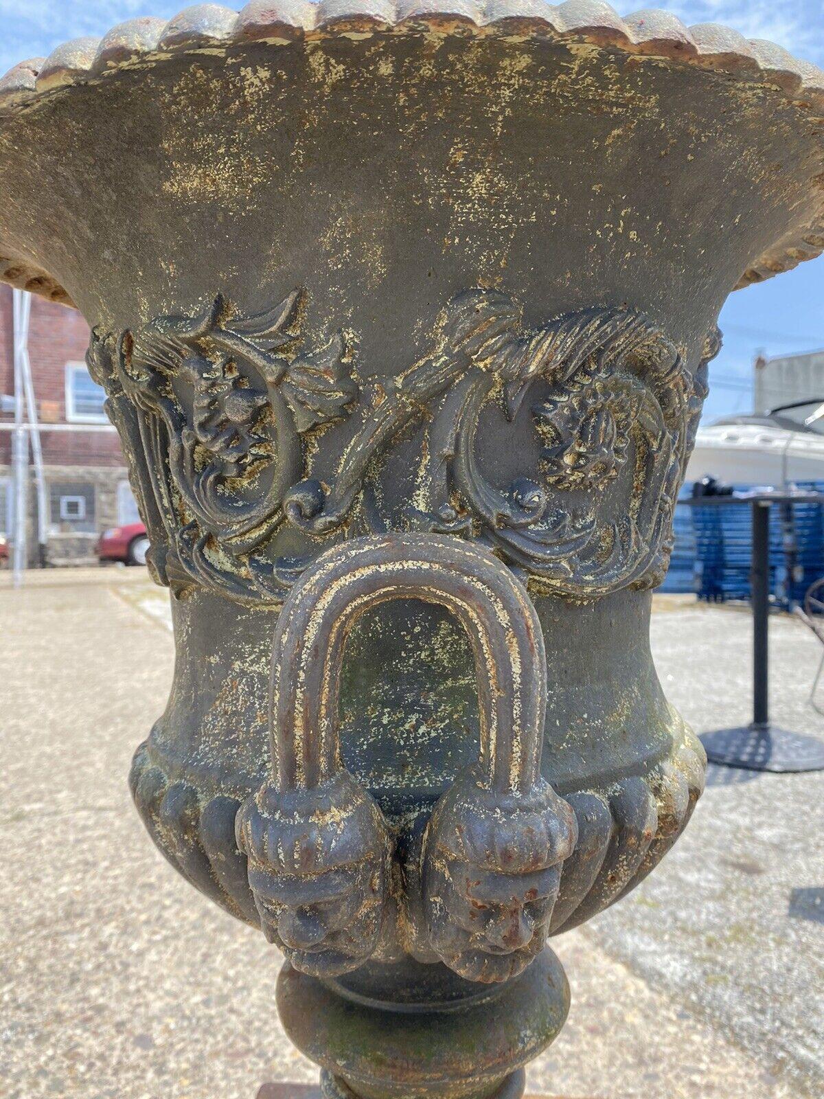 Tall Cast Iron Victorian Campana Urn Outdoor Garden Planter on Base w/ Faces In Good Condition In Philadelphia, PA