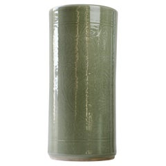Tall Celadon Green Glazed Embossed Porcelain Pottery Vase or Umbrella Stand