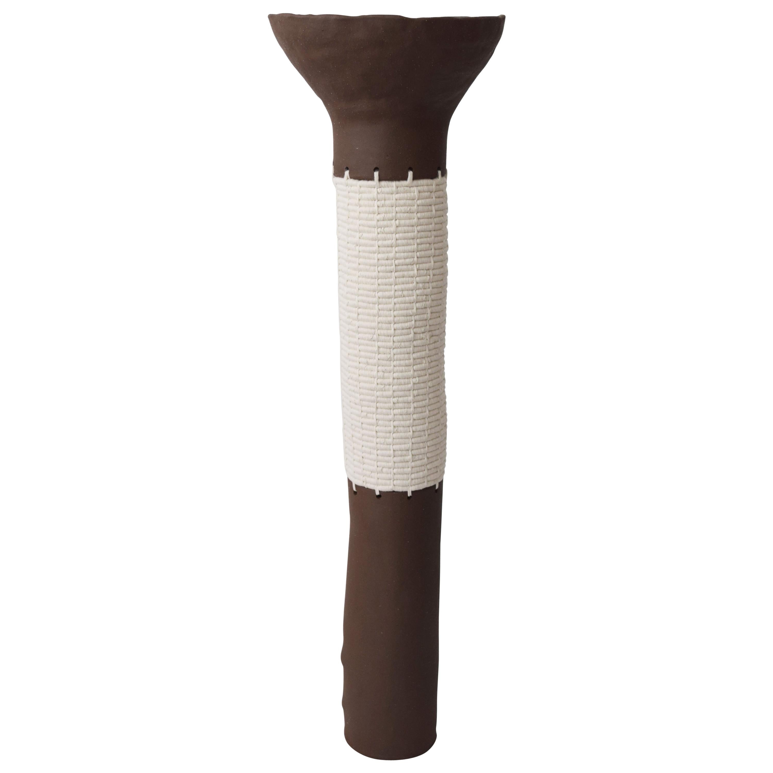 Tall Ceramic and Woven Cotton Floor Vessel in White/Brown