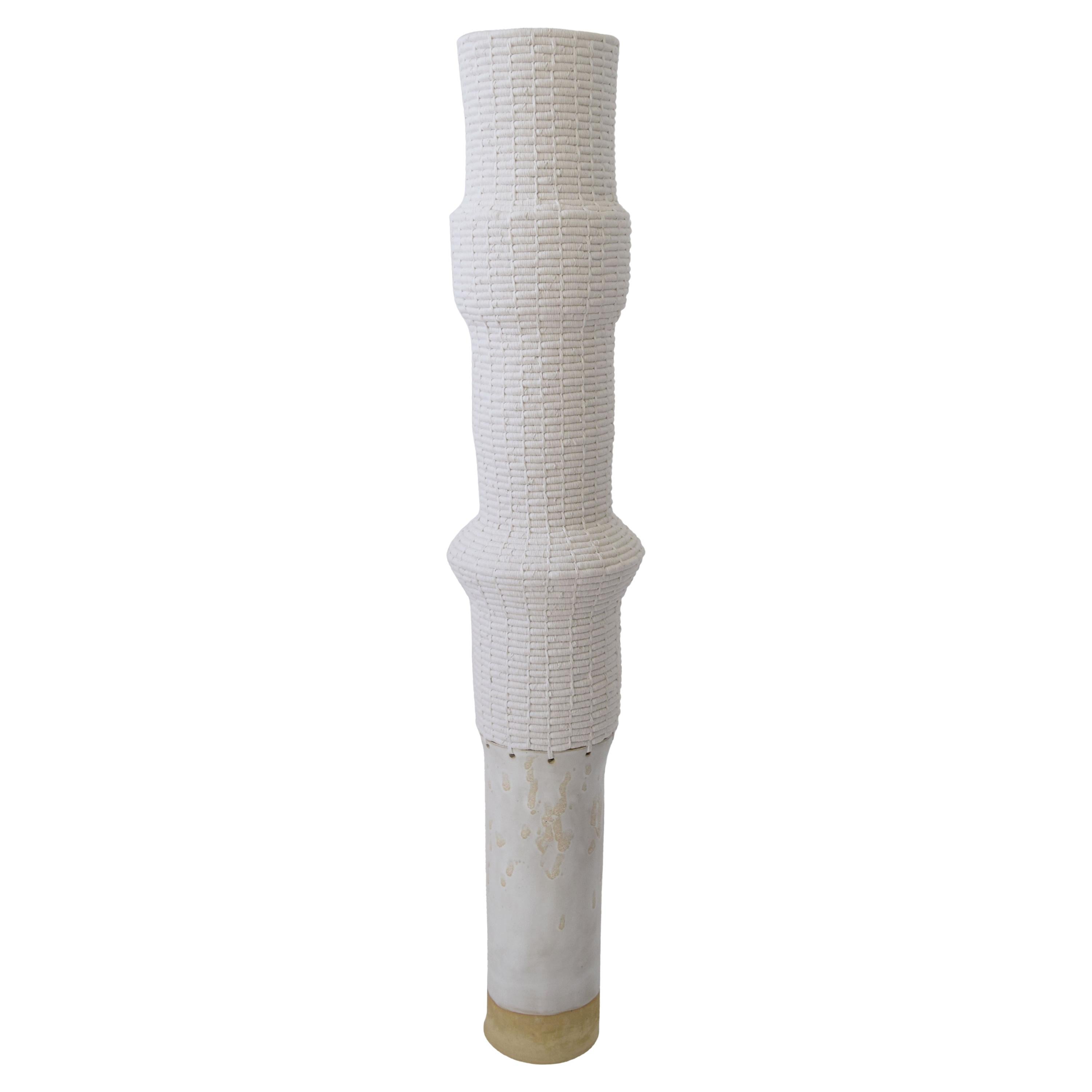 Tall (36") Ceramic and Woven Cotton Floor Vessel in White