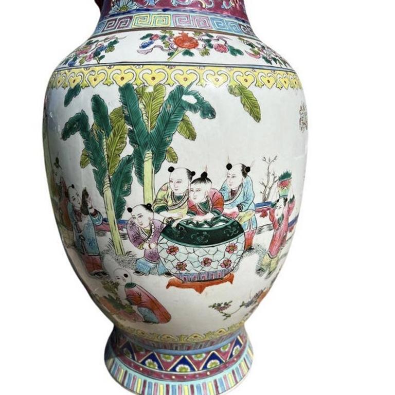 Hong Kong Tall Ceramic Famille Rose Pink Chinoiserie Vase  For Sale