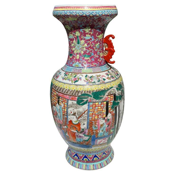 Tall Ceramic Famille Rose Pink Chinoiserie Vase 