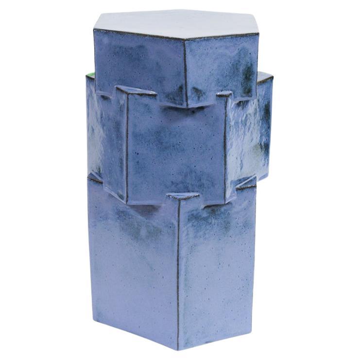 Tall Ceramic Hex Side Table in Mottled Blue by BZIPPY For Sale