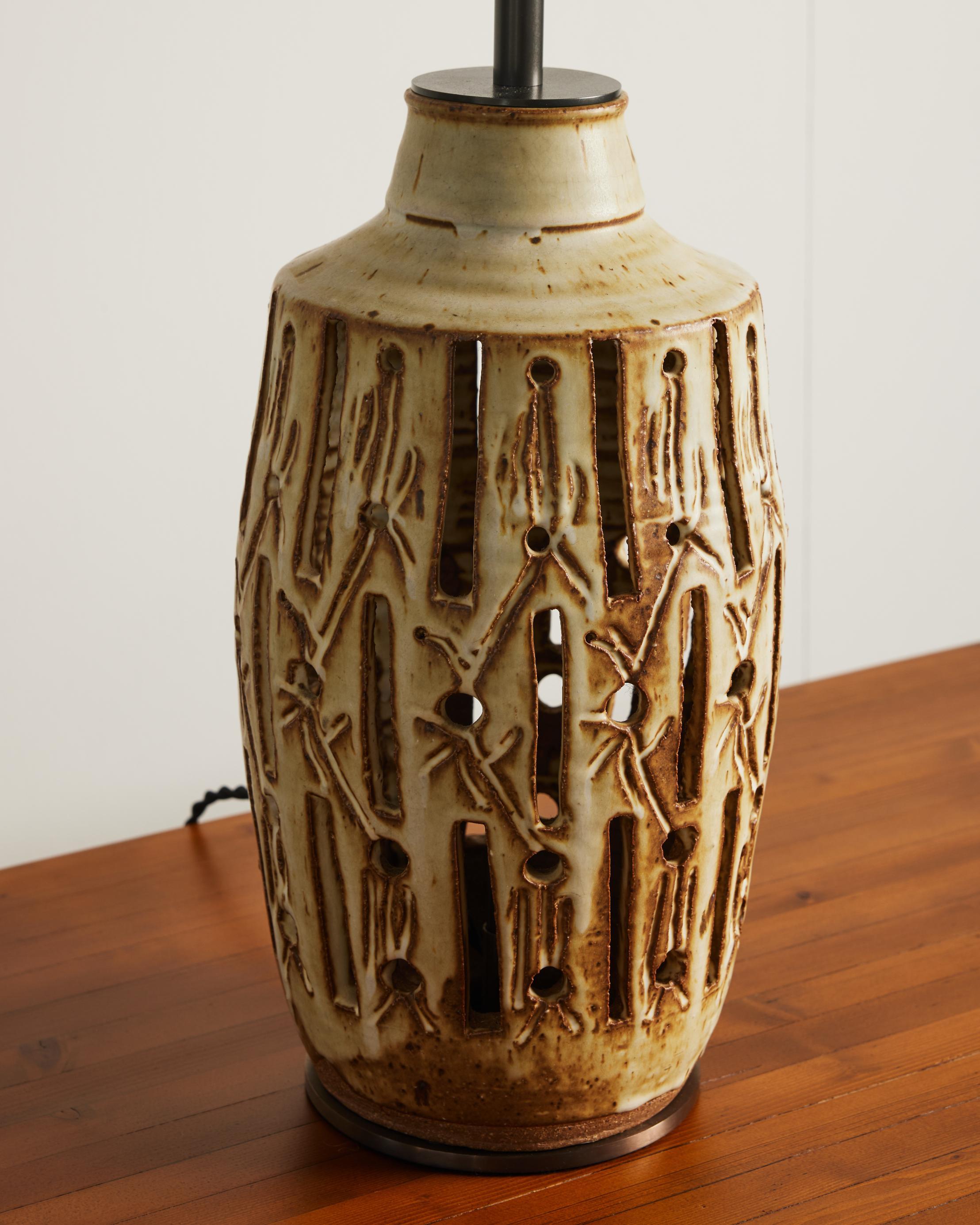 Bronze Tall Ceramic Table Lamp with Incised Details, Scandinavia, c. 1960 For Sale