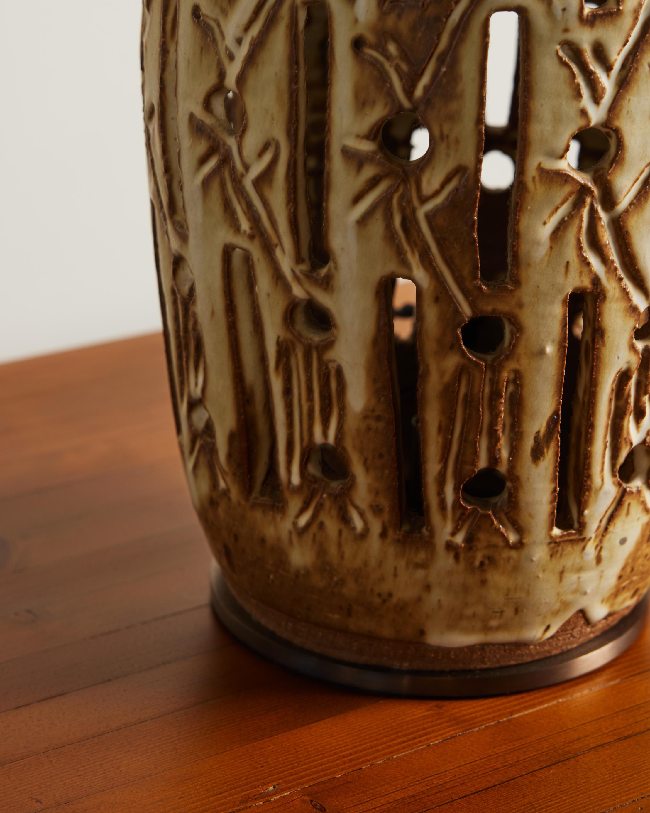 Tall Ceramic Table Lamp with Incised Details, Scandinavia, c. 1960 For Sale 3