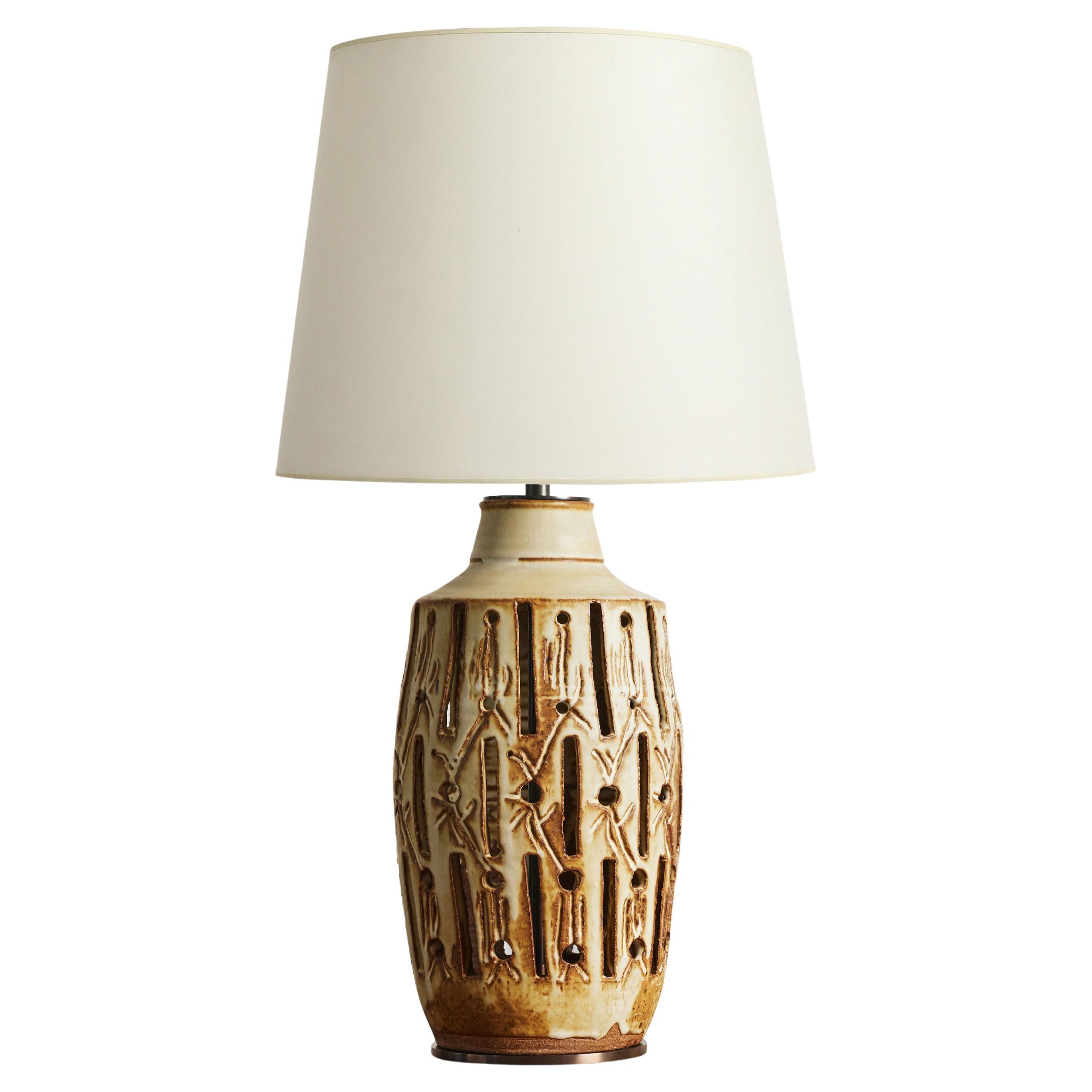 Tall Ceramic Table Lamp with Incised Details, Scandinavia, c. 1960 For Sale