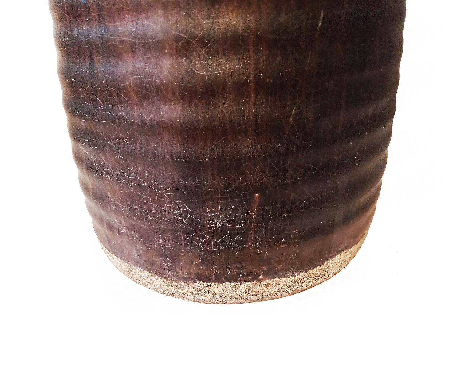Tall Ceramic Thai Vase in Brown Mottled Glaze, with Looped Handles For Sale 4